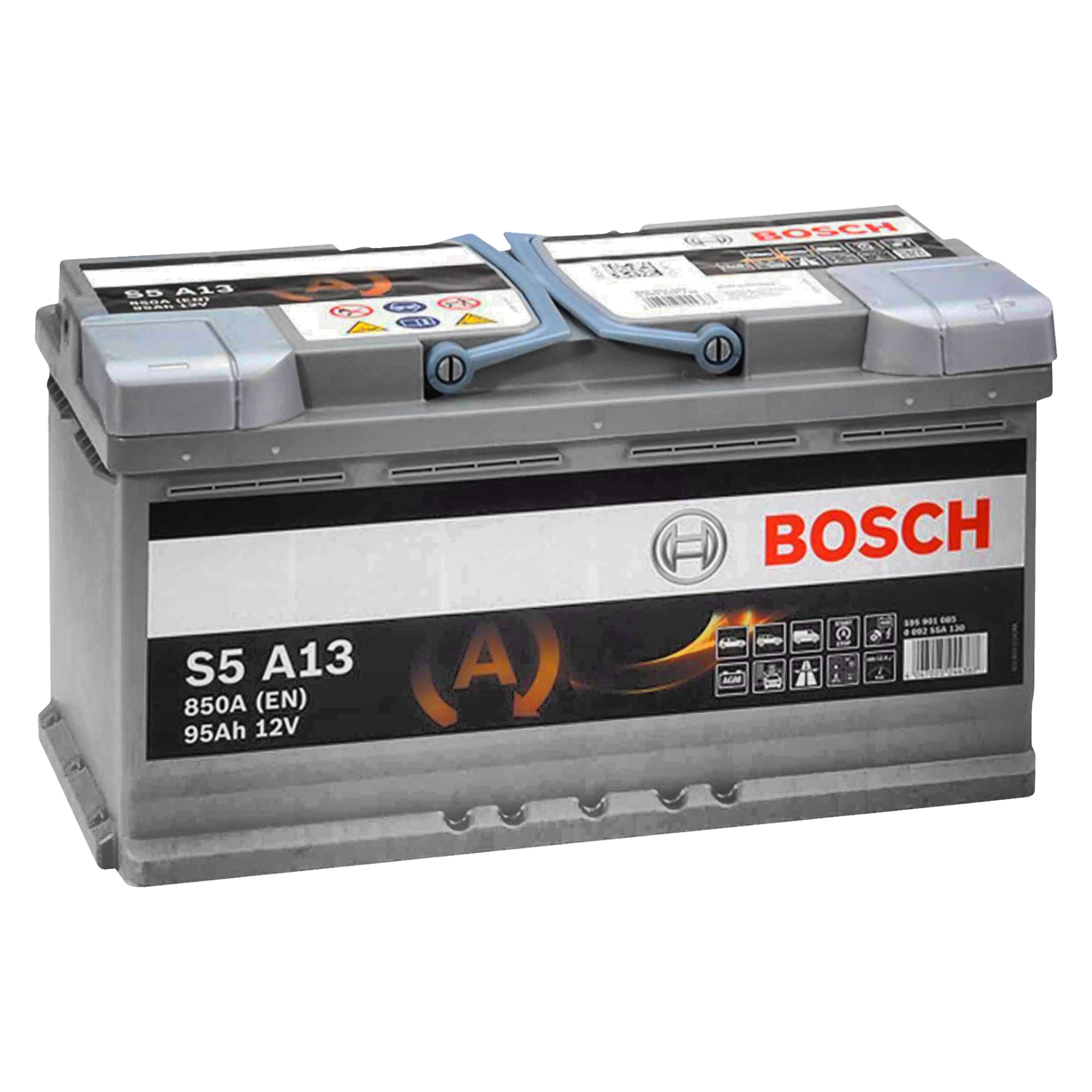 Ett Bosch AGM-bilbatteri med grått hölje, topppolar och olika etiketter som visar specifikationer som 850A, 95Ah och 12V. Framsidan pryds tydligt av Bosch-logotypen.