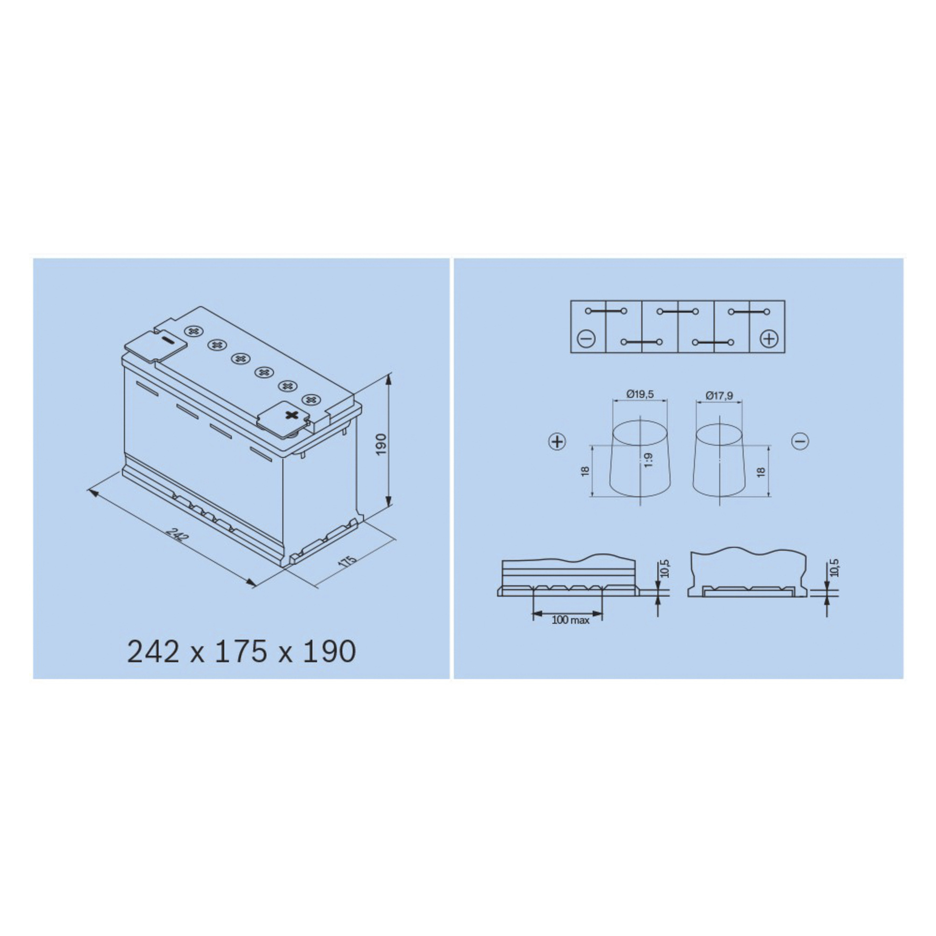 Teknisk illustration av ett Bosch AGM-bilbatteri (rektangulärt, 242 x 175 x 190 mm), som visar topp-, fram- och sidoperspektiv tillsammans med terminaldetaljer och precisa mätningar som krävs för installation och anslutning.
