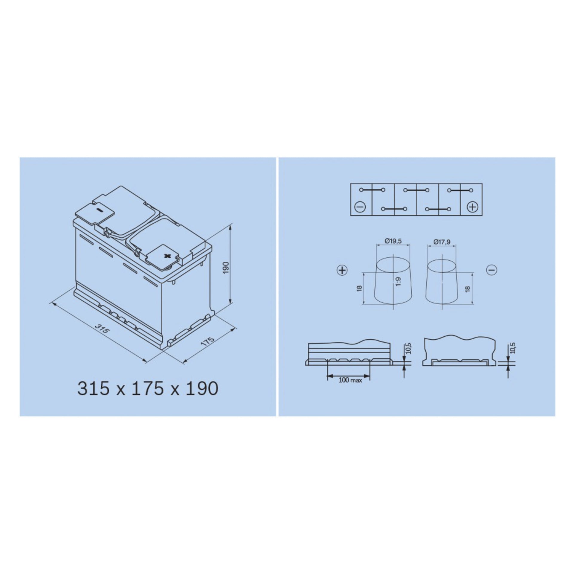 Diagram över Bosch bilbatteriets årsmöte som visar ett rektangulärt batteri med måtten 315 mm x 175 mm x 190 mm. Teckningen inkluderar vyer från toppen, sidan och terminalerna, alla annoterade med detaljerade mått och polaritetssymboler på blå bakgrund.