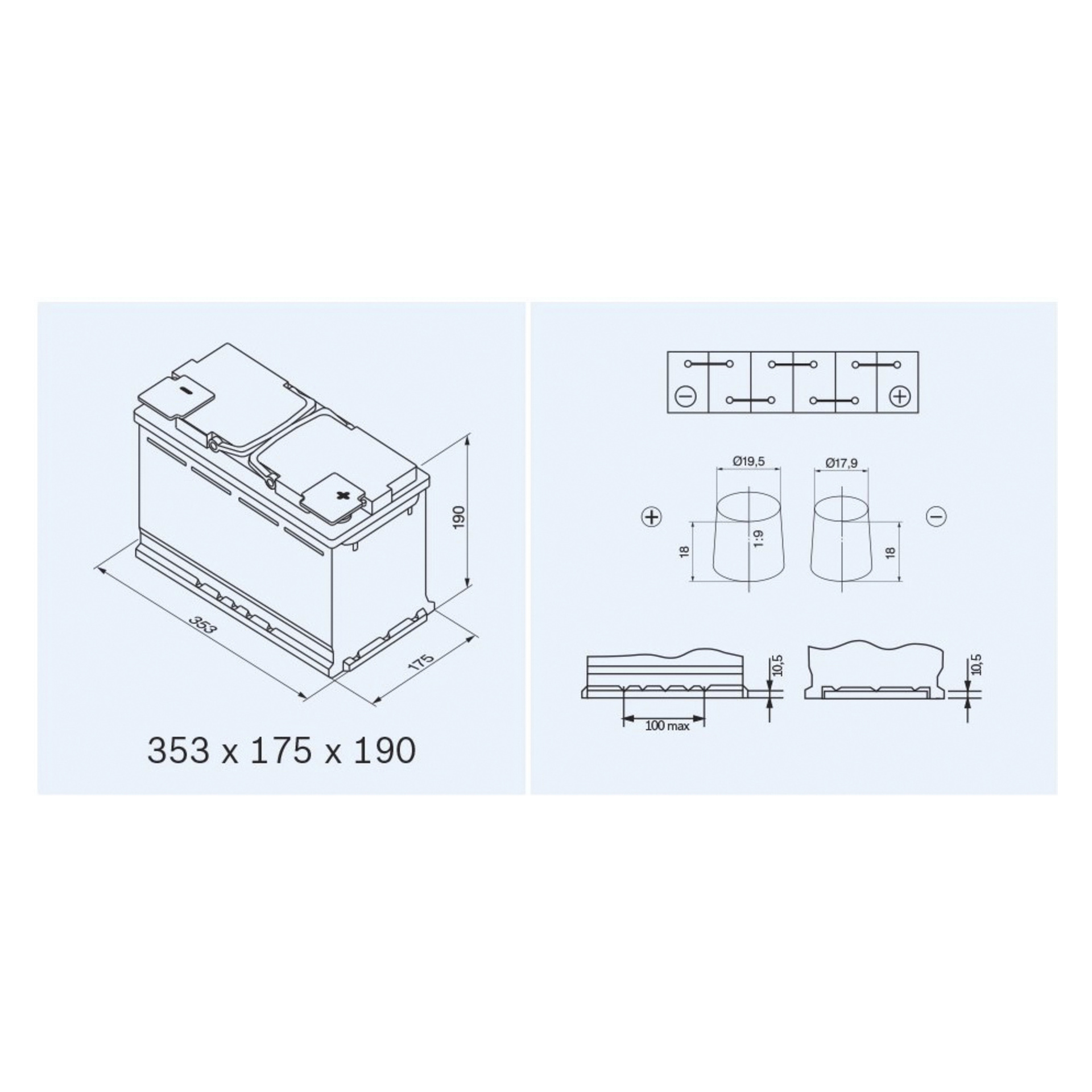 Diagram över ett Bosch AGM-bilbatteri i rektangulär form, 353 mm lång, 175 mm bred och 190 mm hög. Illustrationen visar vyer uppifrån och från sidan, med specifika detaljer om terminalerna, inklusive terminalhålsdiametrar och en maximal terminalstolpebredd på 100 mm.