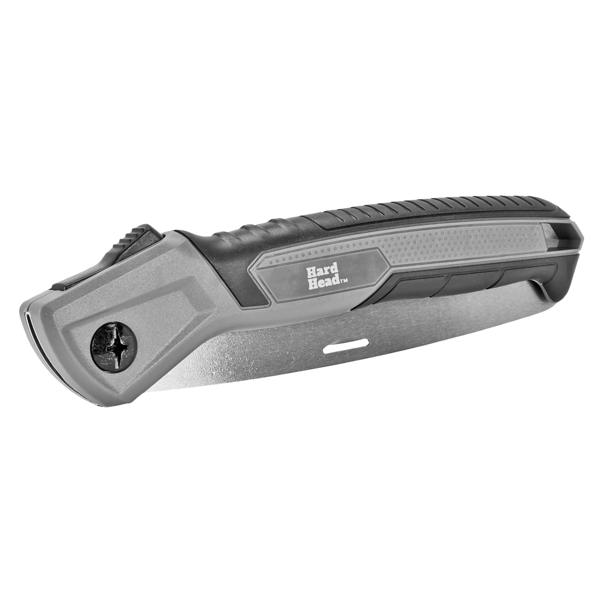 En Hard Head-trädgårdssåg med ett svart- och gråtexturerat handtag och dess metallblad vikt igen.