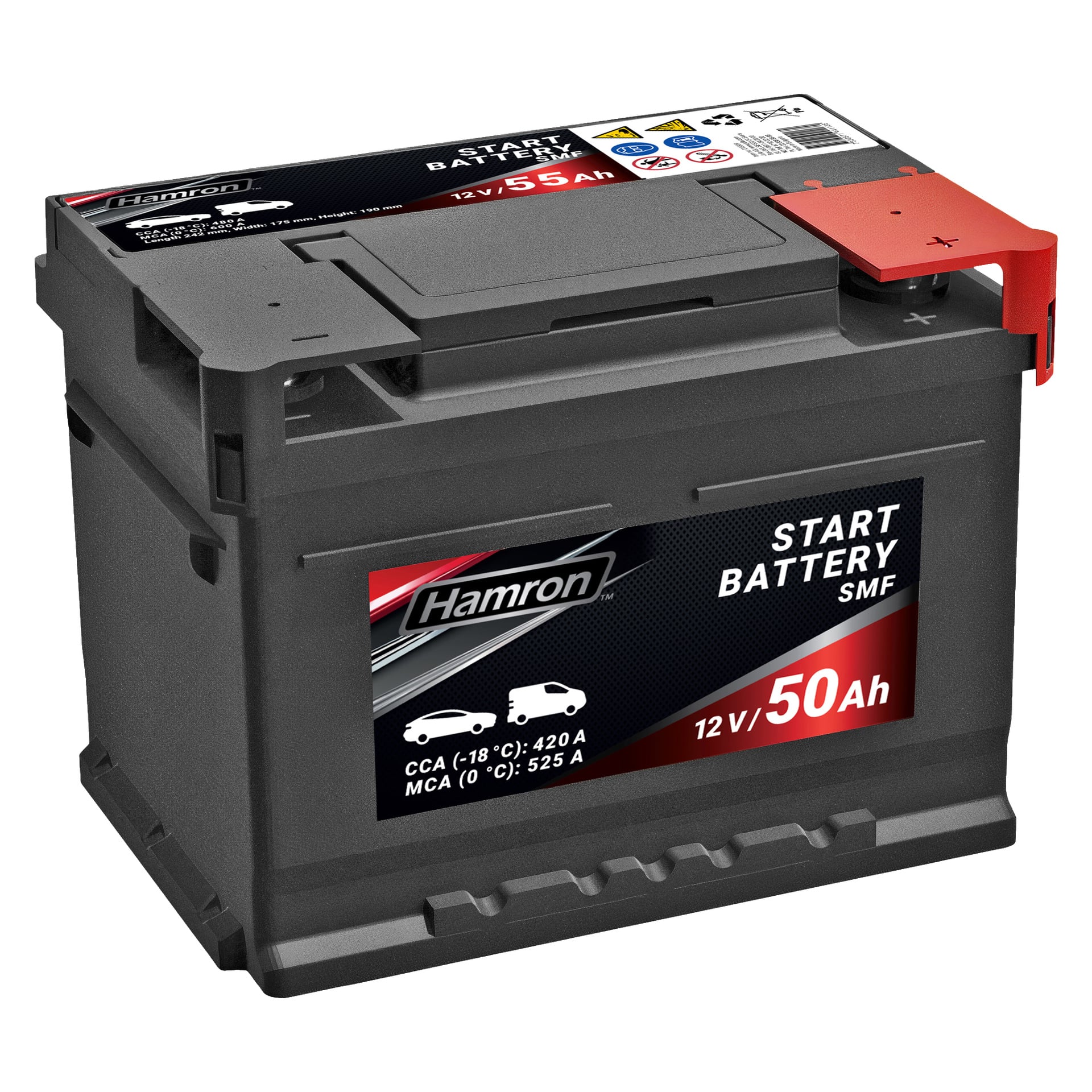 Prostokątny akumulator samochodowy Hamron z czarną obudową, czerwonymi i szarymi zaciskami oraz etykietą z napisami "START BATTERY", "12V/50Ah" oraz kilkoma ikonami samochodowymi.