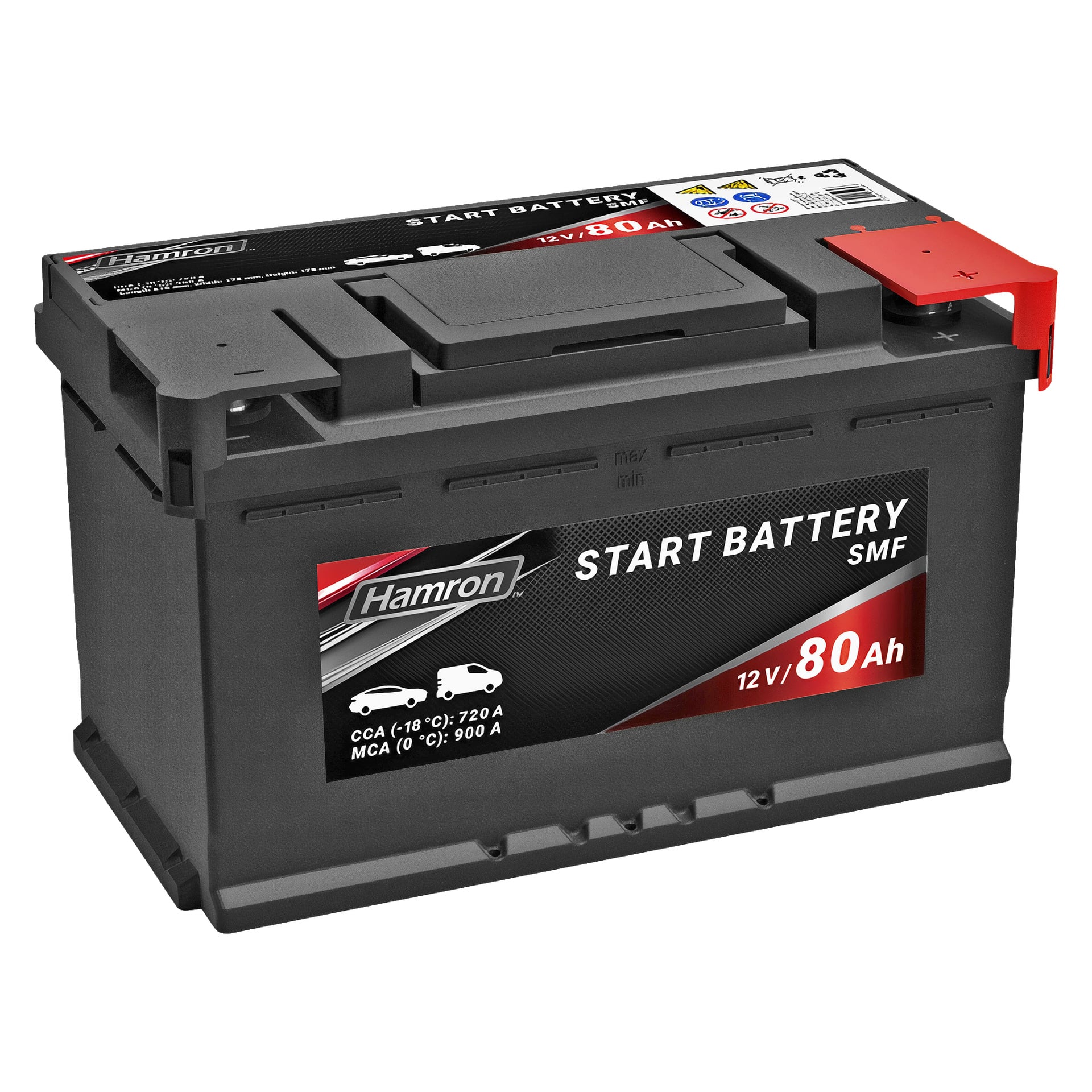 Ett svart Hamron-bilbatteri märkt 12V/80Ah med ett rött lock på pluspolen och en kapacitet på 80 Ah. Olika ikoner och tekniska specifikationer finns på både topp- och framsidan.