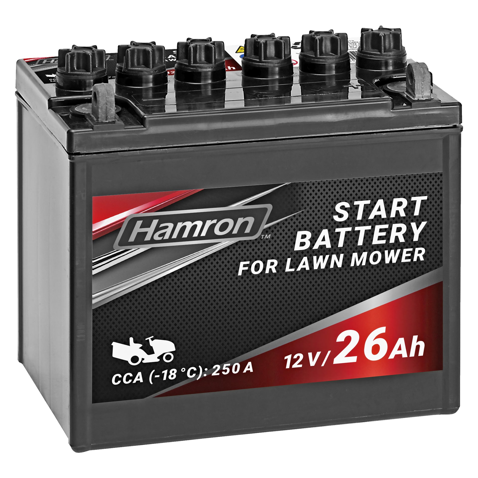 Ett svart Hamron åkklipparbatteri med etiketter som anger 12V, 26Ah kapacitet och en kallstartström på 250A vid -18°C.  Framsidan visar en illustration av en gräsklippare med ett djärvt rött, svart och grått färgschema.
