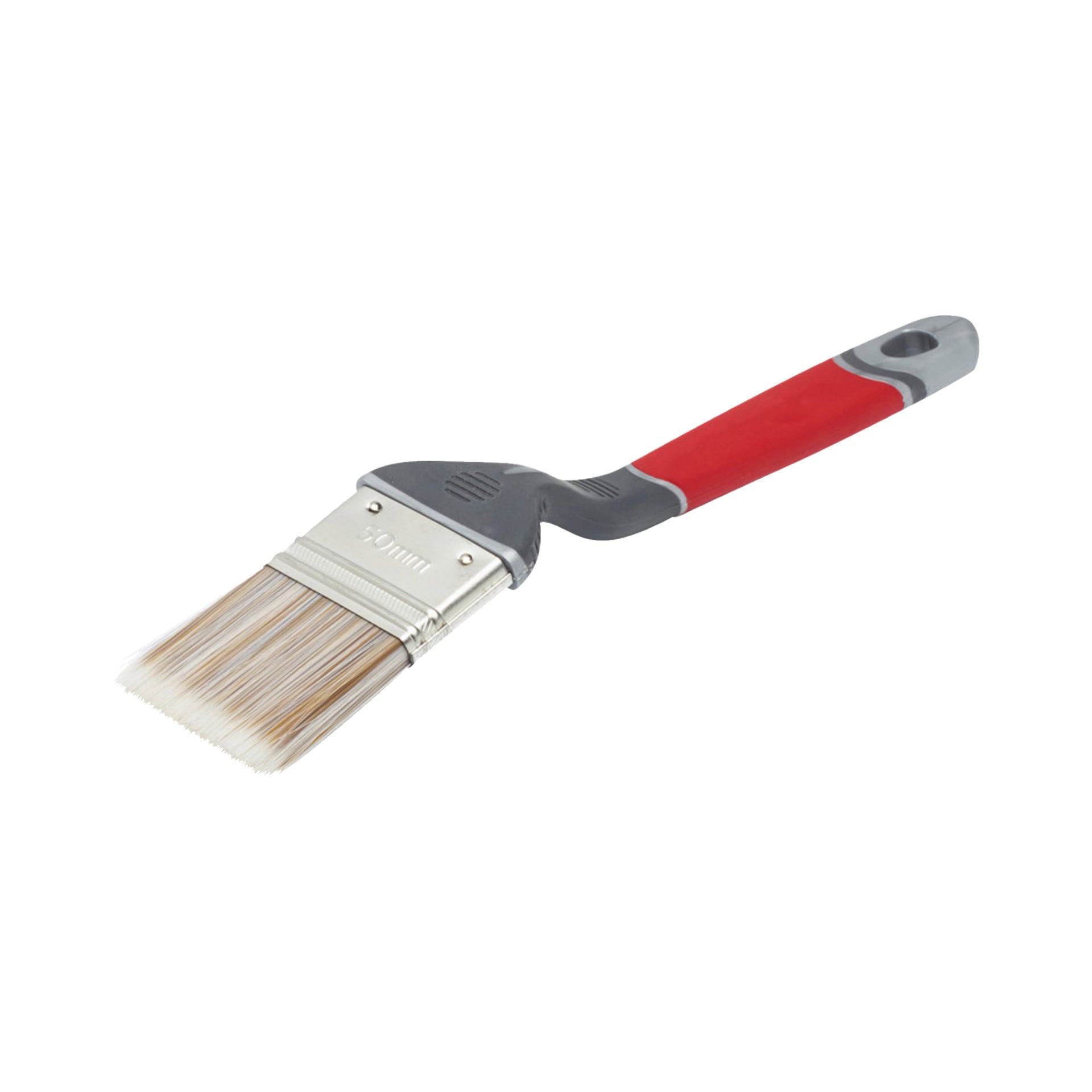 Anza Short Angular Brush Elite har ett rött och grått handtag, vinklade borst och en metallrem som fäster borsten i handtaget.