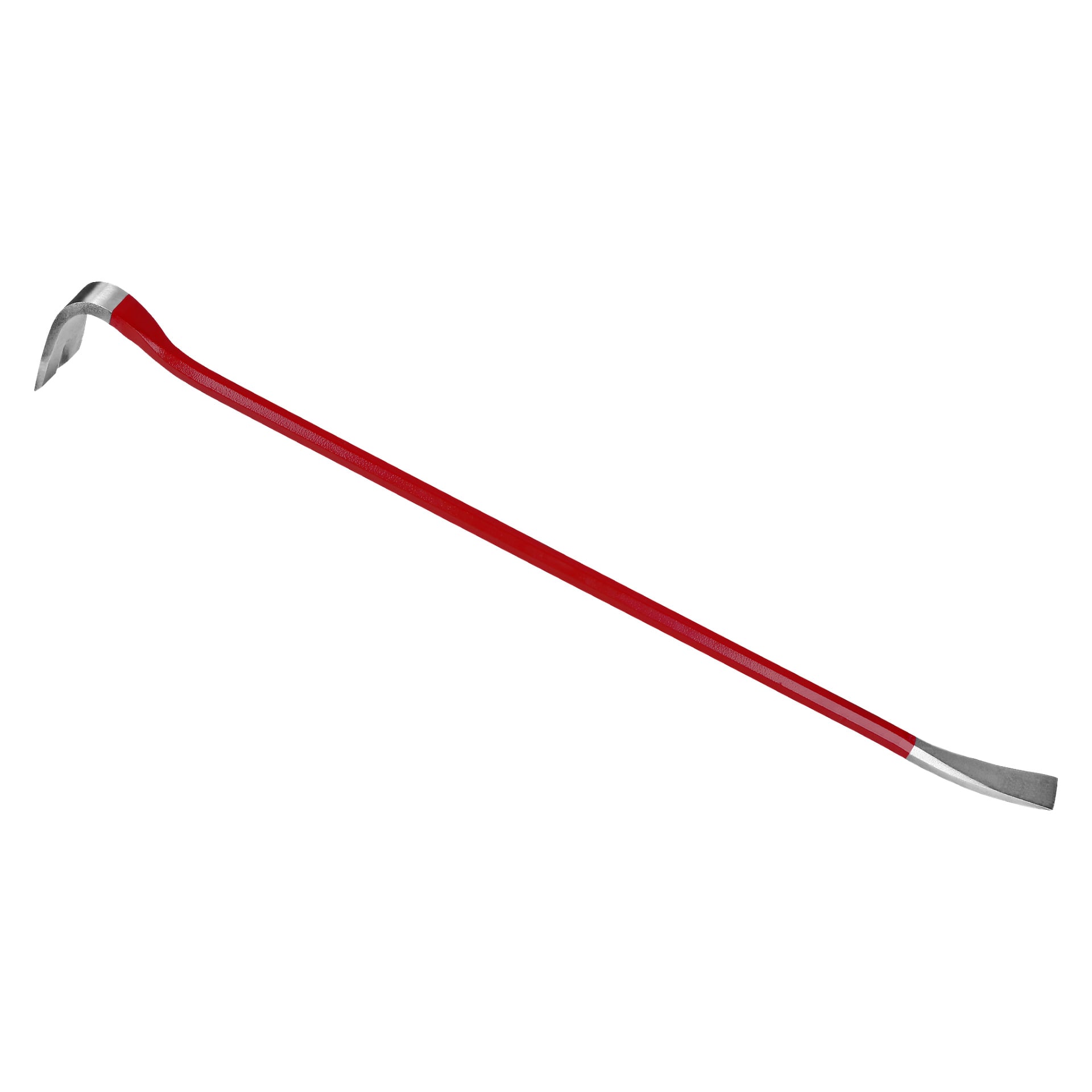 En röd Meec Tools-bräck med en böjd, gaffelformad spets i ena änden och en platt i den andra, designad för att bända upp och ta bort spikar, visas placerad diagonalt.