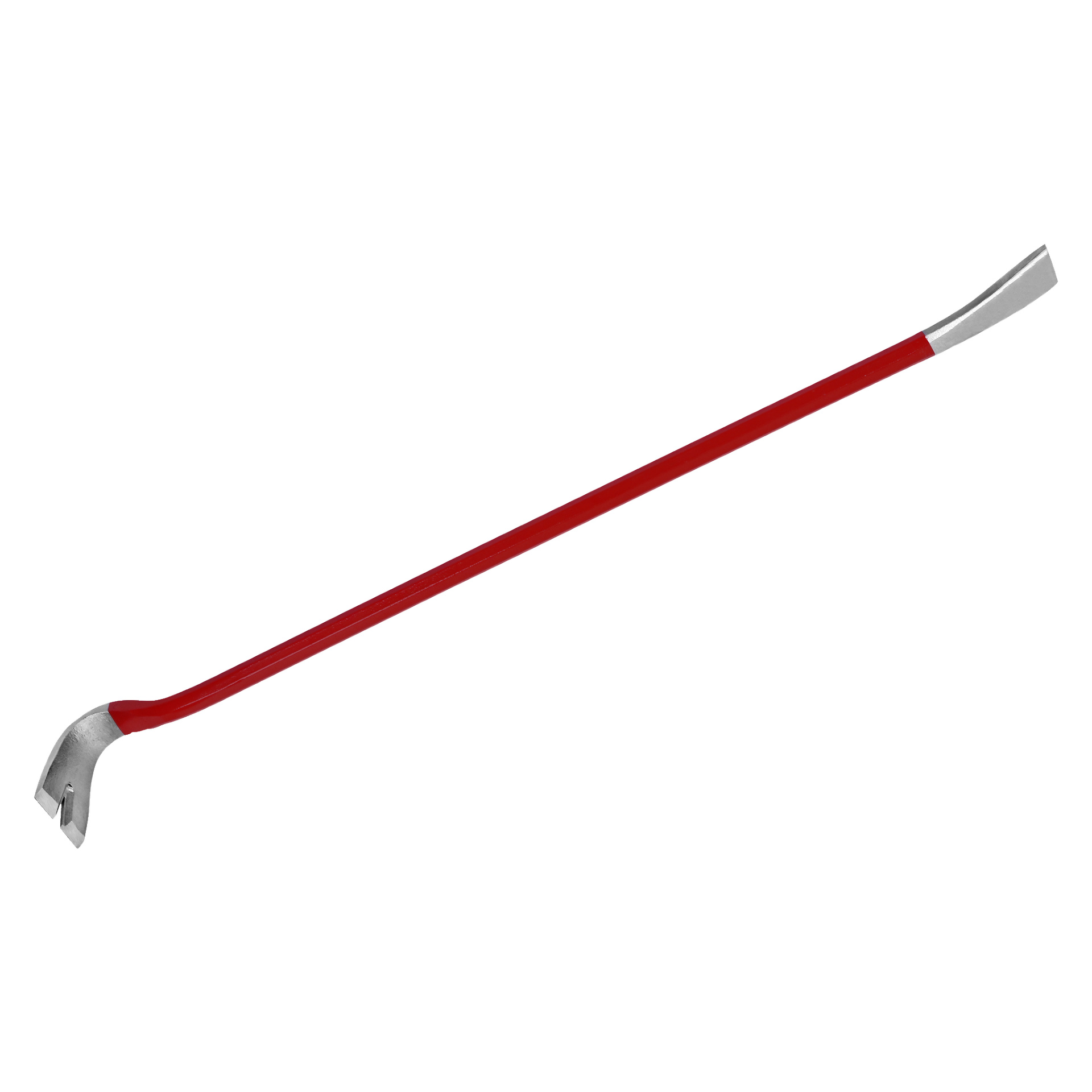 En stål-Meec Tools bräck med ett rött handtag, designad med en platt fasad spets i ena änden och en böjd klo i den andra.