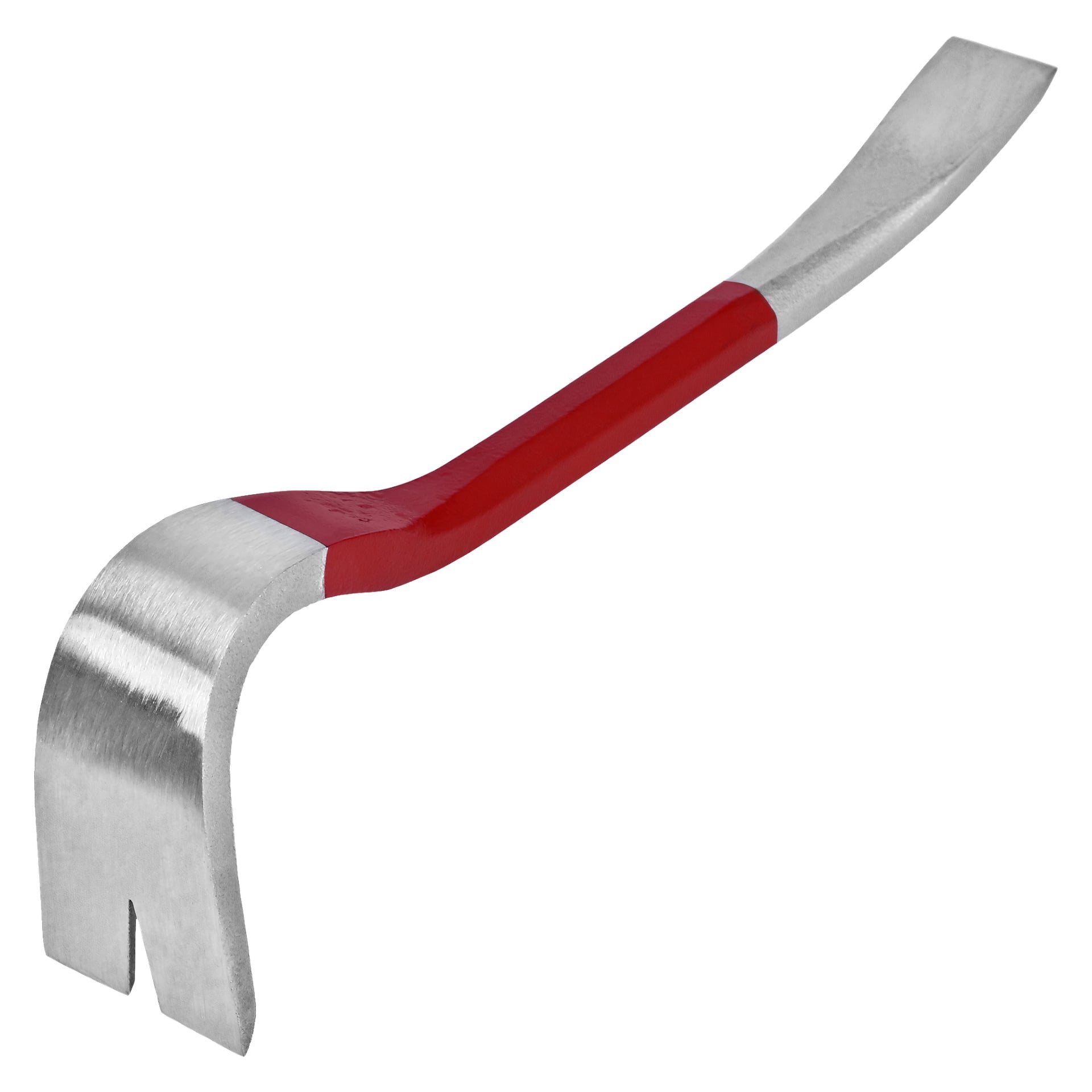 En kompakt metallbräck från Meec Tools med ett rött handtag, som visar ena änden som är böjd och spårad för att dra spikar, och den andra änden rak och avsmalnande för bändningsuppgifter.