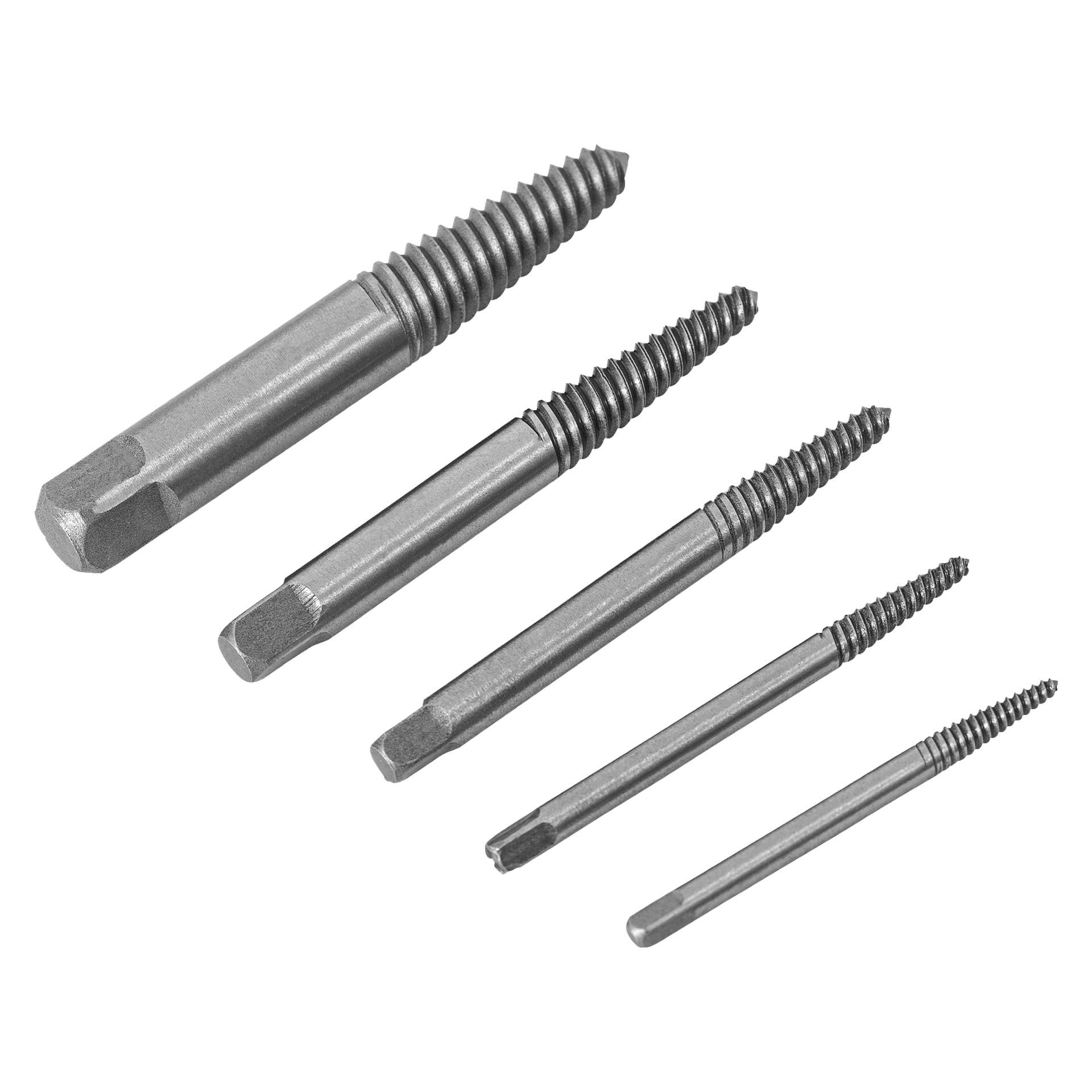 Fem skruvutdragare från Meec Tools Screw Extractor Set är placerade diagonalt, var och en med en gängad spets och en fyrkantig ände.