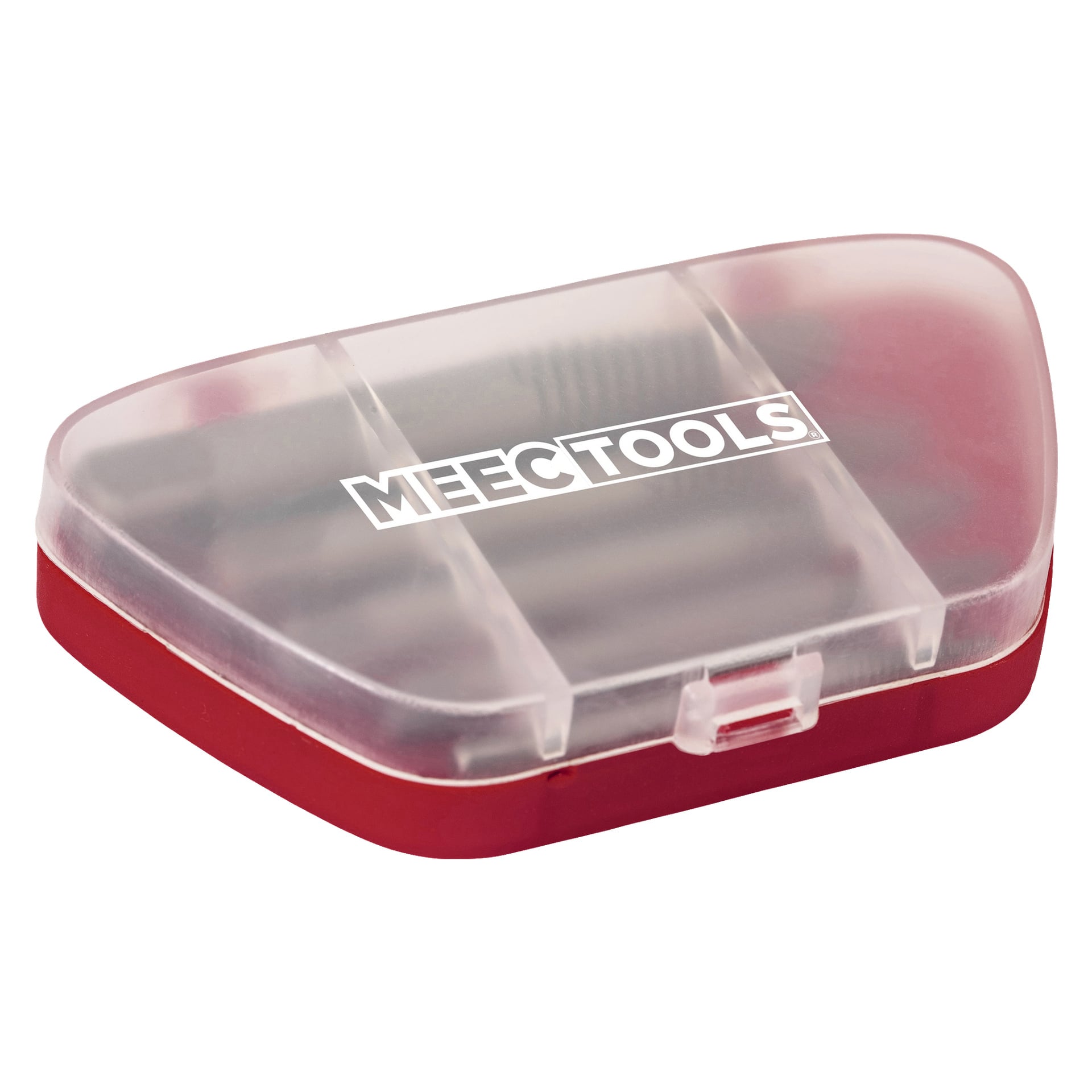 Ett litet rött och genomskinligt plastfodral med tryckknapp har Meec Tools-loggan på locket och rymmer ett prydligt arrangerat 5-delat skruvutdragsset inuti.