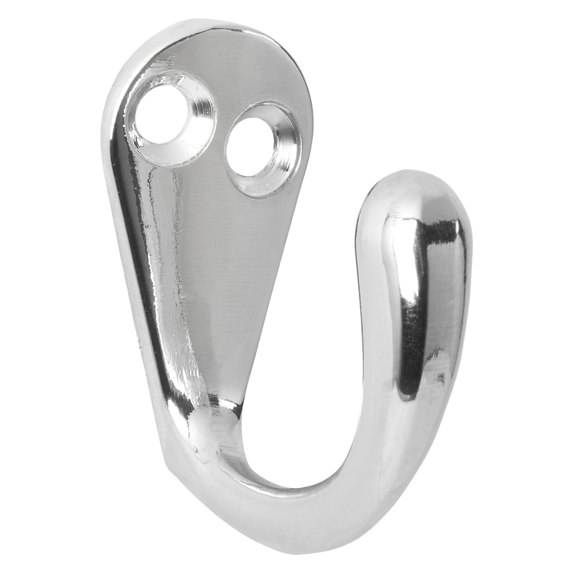 En detaljerad titt på Hard Head Clothes Hook Simple visar en polerad silverfärgad metallkrok i metall, designad med två skruvhål på den övre delen och en mjukt böjd krok under.