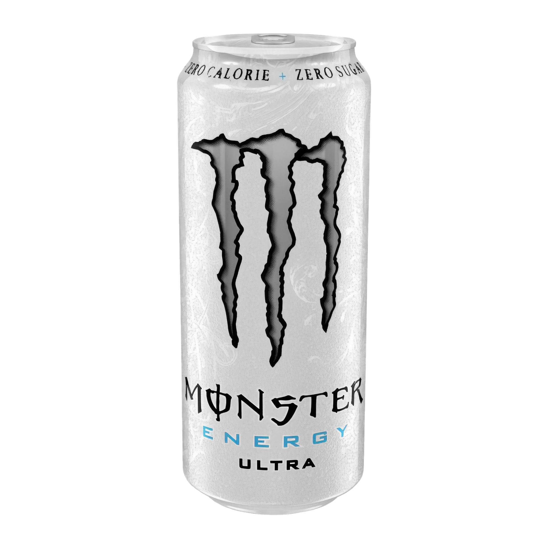 En høy, sølvfarget Monster Energy-boks med en svart klo-lignende logo viser ordene Zero Calorie, Zero Sugar og Energy i blå og svart tekst.