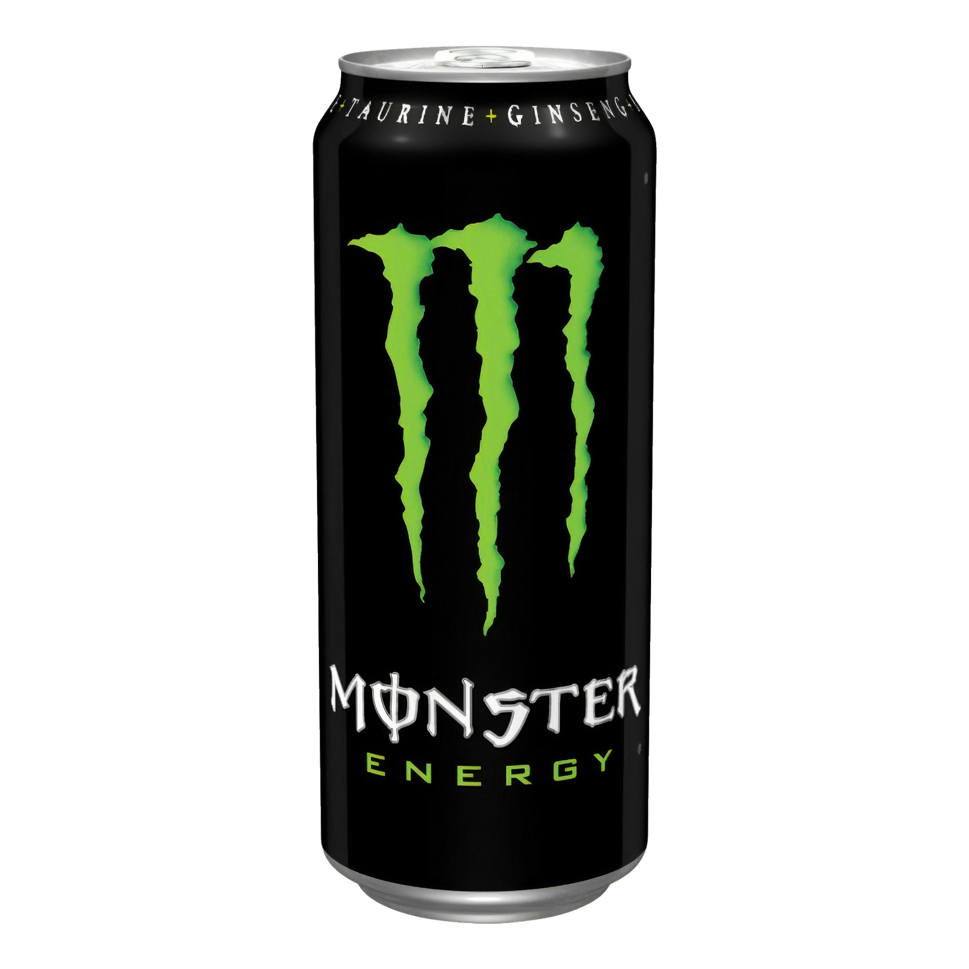 En høy svart boks med Monster Energy med et livlig grønt klomerke og kraftige hvite og grønne "Monster Energy"-bokstaver på forsiden.
