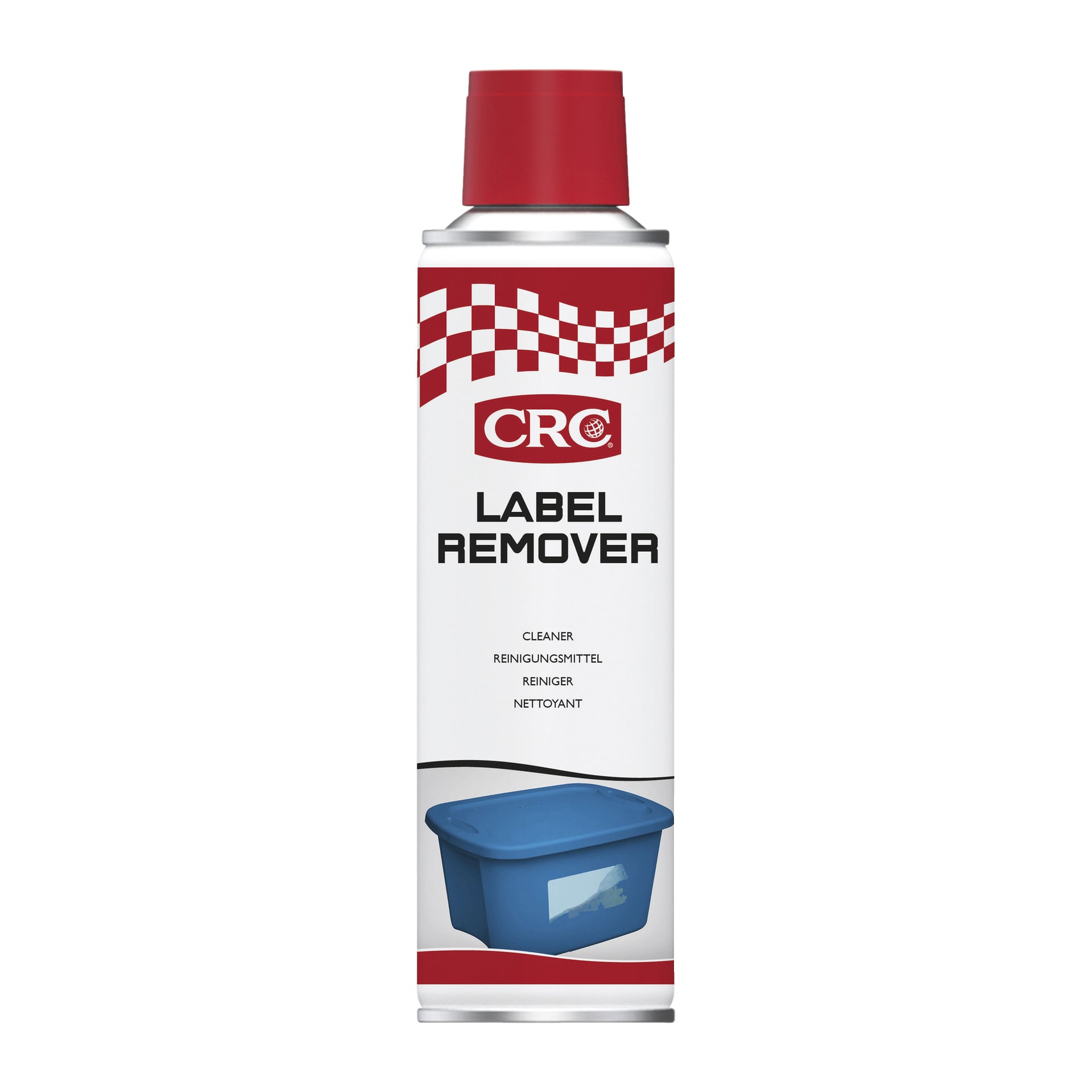 En høy aerosolboks med rød kork og rød rutemønster er merket CRC Label Remover og viser et bilde av en blå beholder med etikett. Teksten beskriver den som en renser, med tilleggsinformasjon oversatt informasjon.