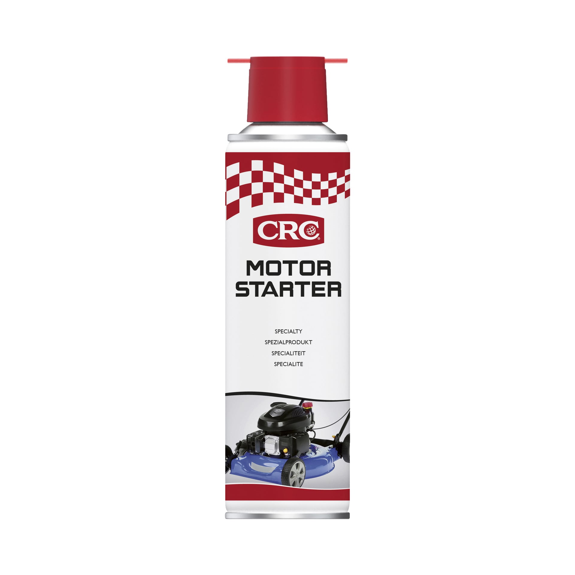 Purkki CRC Starter Gas Motor Starteria, jossa on punainen korkki ja ruudullinen kuvio ylhäällä. Etiketissä lukee suurilla mustilla kirjaimilla "Starter Gas Motor Starter" ja pohjassa on kuva sinisestä ruohonleikkurista.