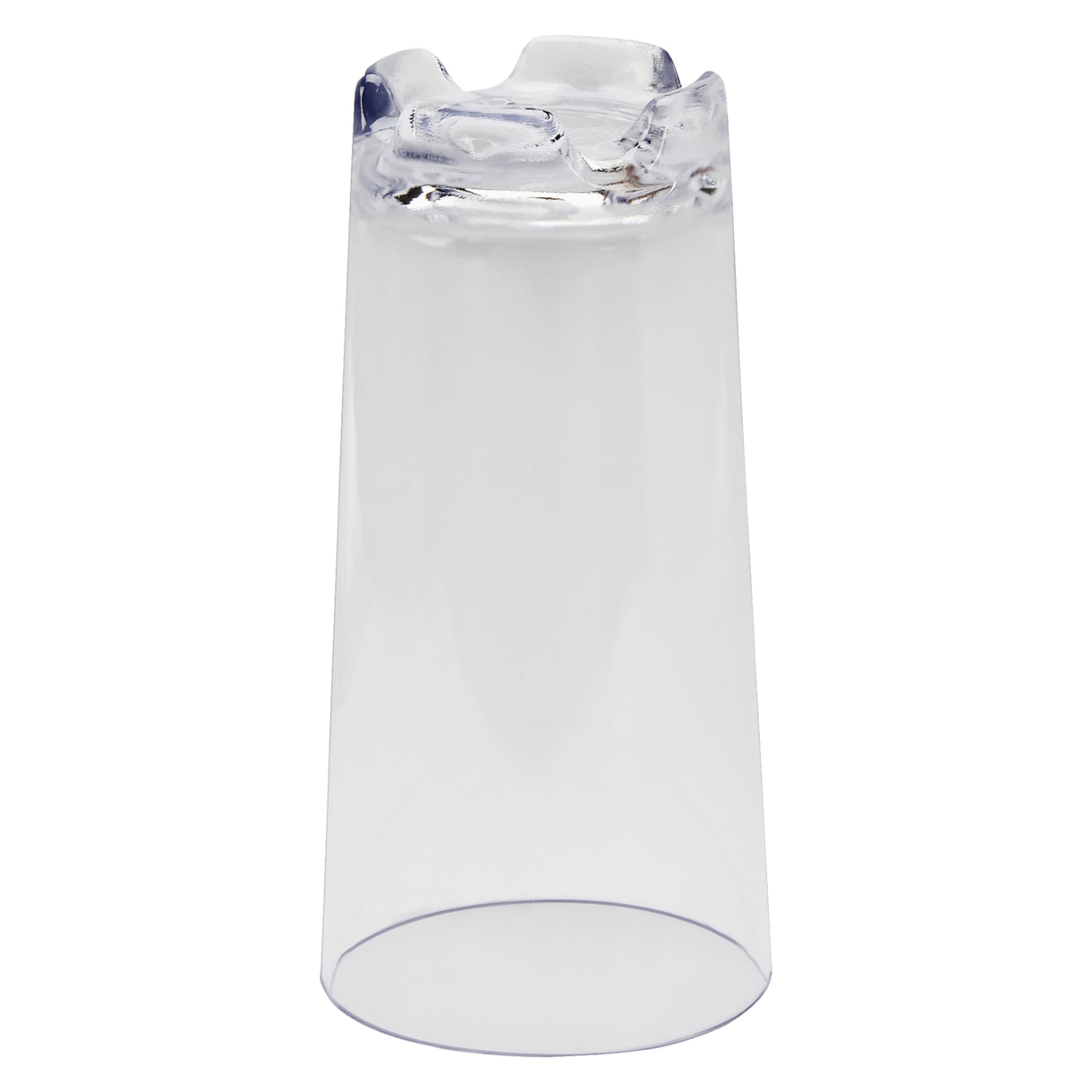 Et klart Nordiska Plast-shotglass kalt Chrystal står opp-ned, med flere isbiter plassert på den flate bunnen.