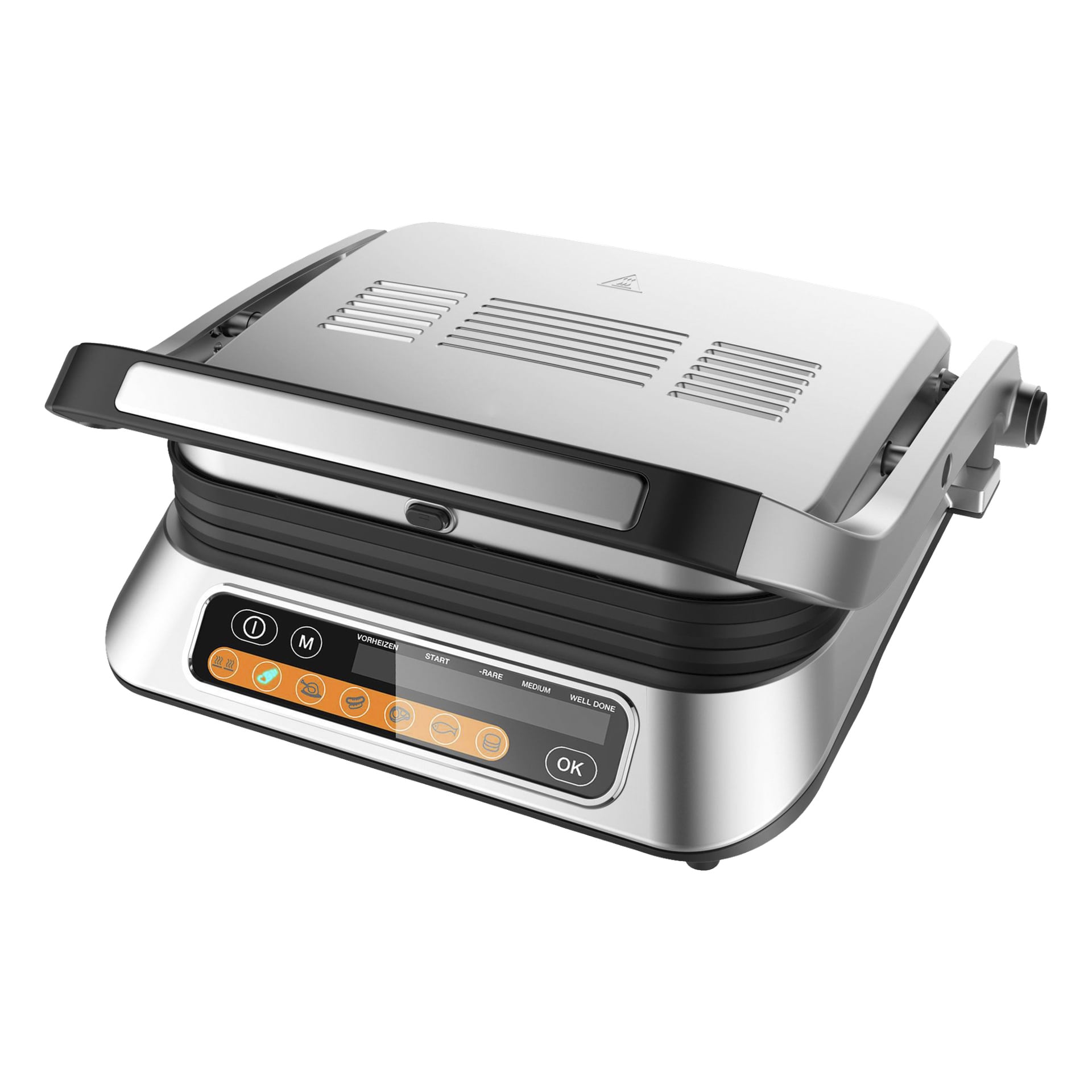 Menuett Table Grill Smart har en slank konstruktion i rostfritt stål, utrustad med en digital pekskärm framtill som visar olika matlagningsalternativ. Det gångjärnsförsedda locket är något stängt och täcker en del av grillplattorna.