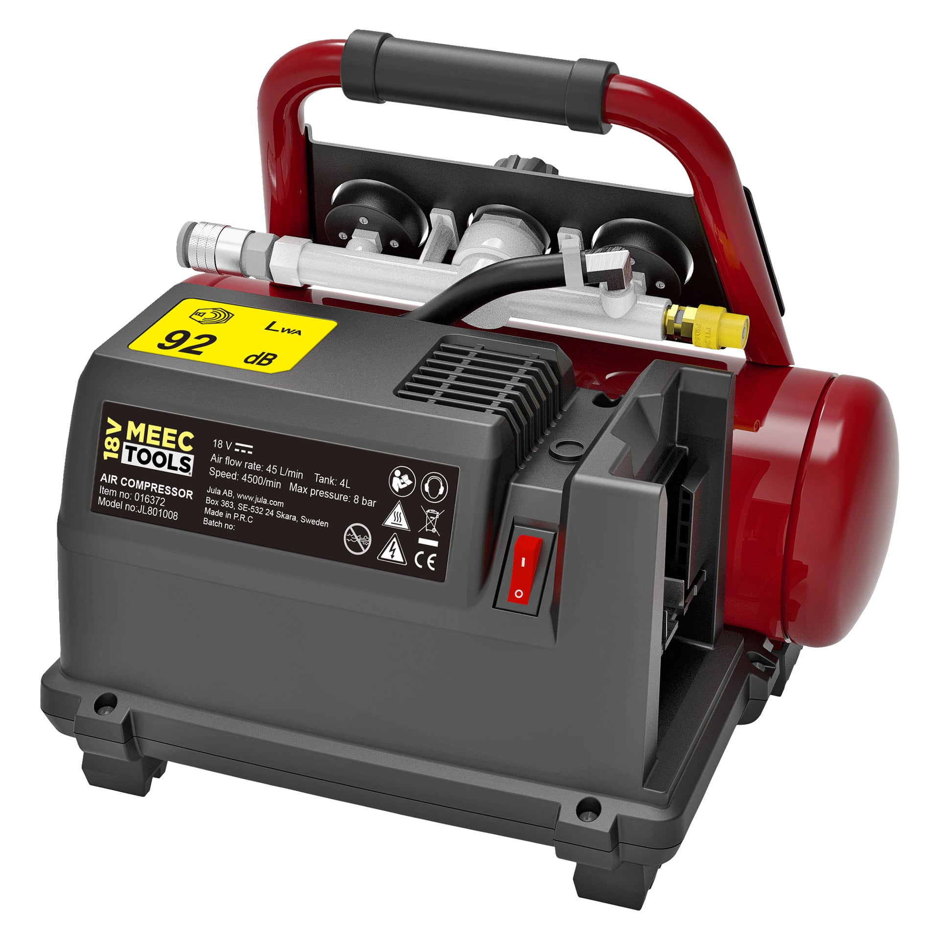 Punamusta Meec Tools Multiseries CB-18V HOME 500 -akkukäyttöinen kompressori, varustettu kahvalla, ohjauspaneelilla ja liitetyillä letkuilla. Sen etiketissä on 92 dB, tekniset tiedot ja turvallisuusvaroituskuvakkeet.
