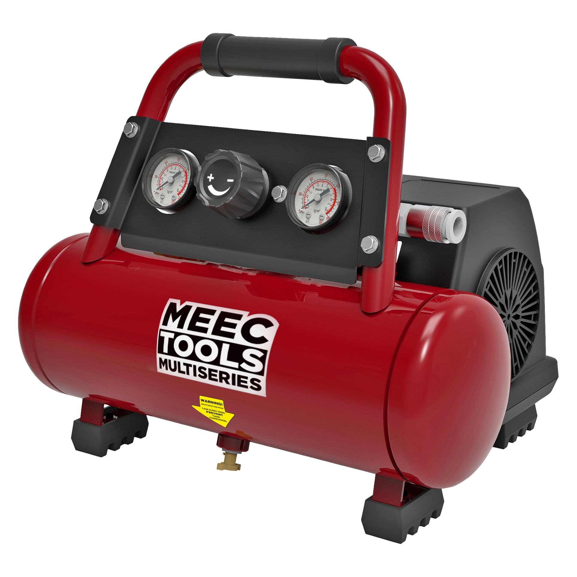 Punainen Meec Tools Multiseries CB-18V HOME 500 -akkukäyttöinen kompressori, jossa on kaksi painemittaria, tukeva musta kahva ja musta moottorikotelo. Se seisoo mustilla jaloilla ja sen kylkeen on kiinnitetty etiketti.
