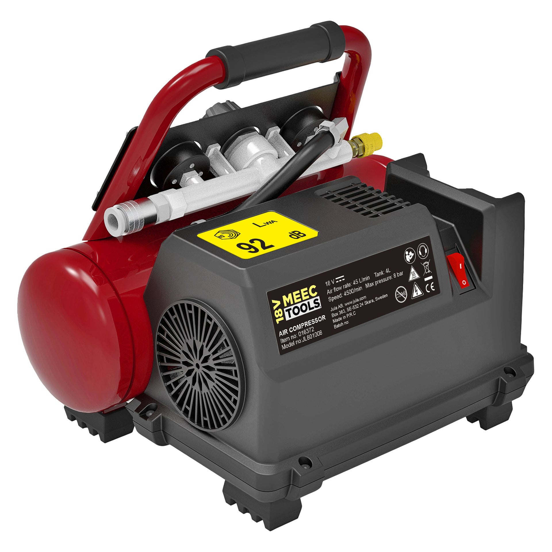 Punamusta Meec Tools Multiseries -paristokäyttöinen kompressori CB-18V HOME 500 on tasaisella pinnalla, ja sen päällä on keltainen etiketti, musta kahva sekä useita ohjausominaisuuksia.