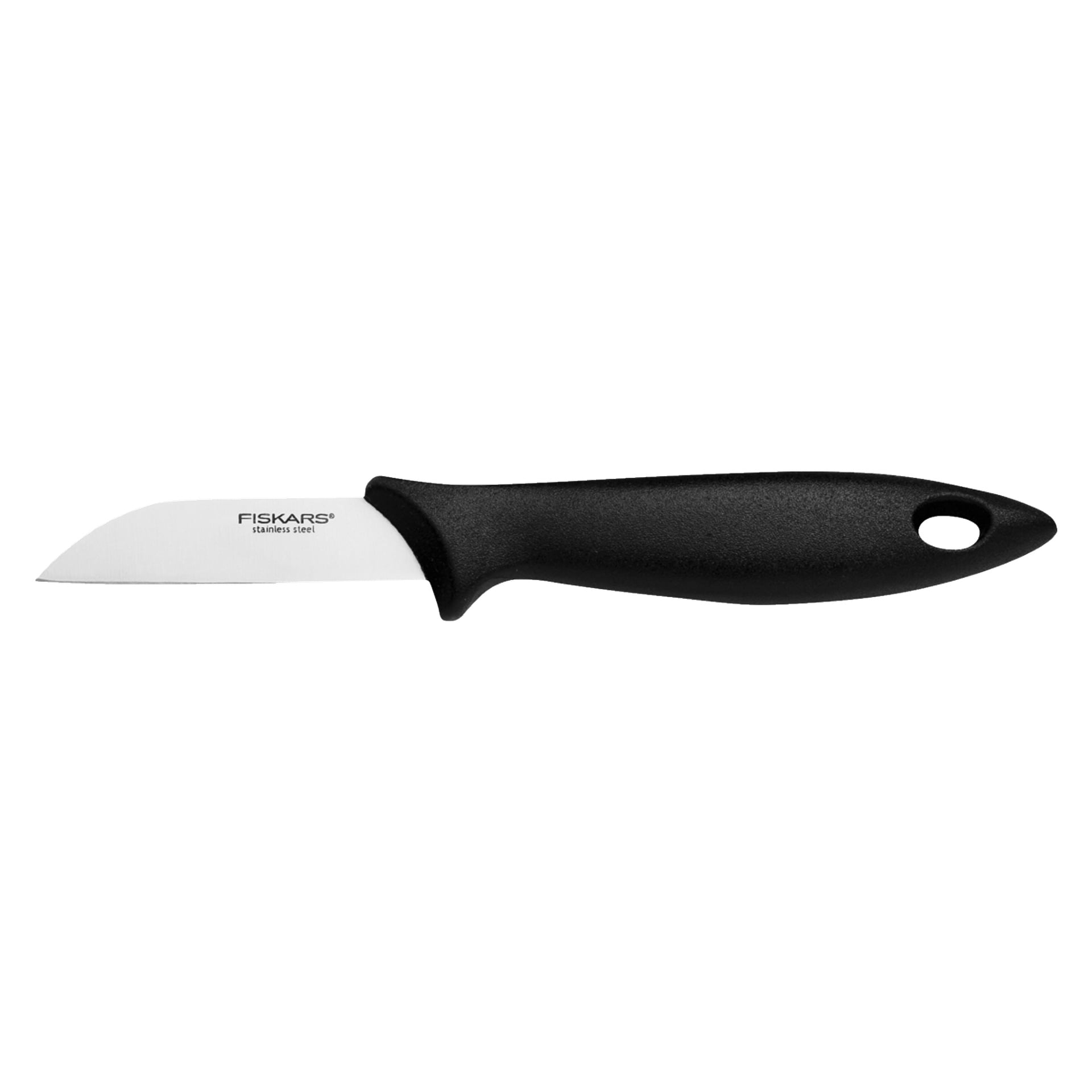 En Fiskars-kniv från Knives + Knife Block Essential 6 Pieces-setet visas, med ett kort, böjt rostfritt stålblad och ett svart handtag med ett hål i spetsen.