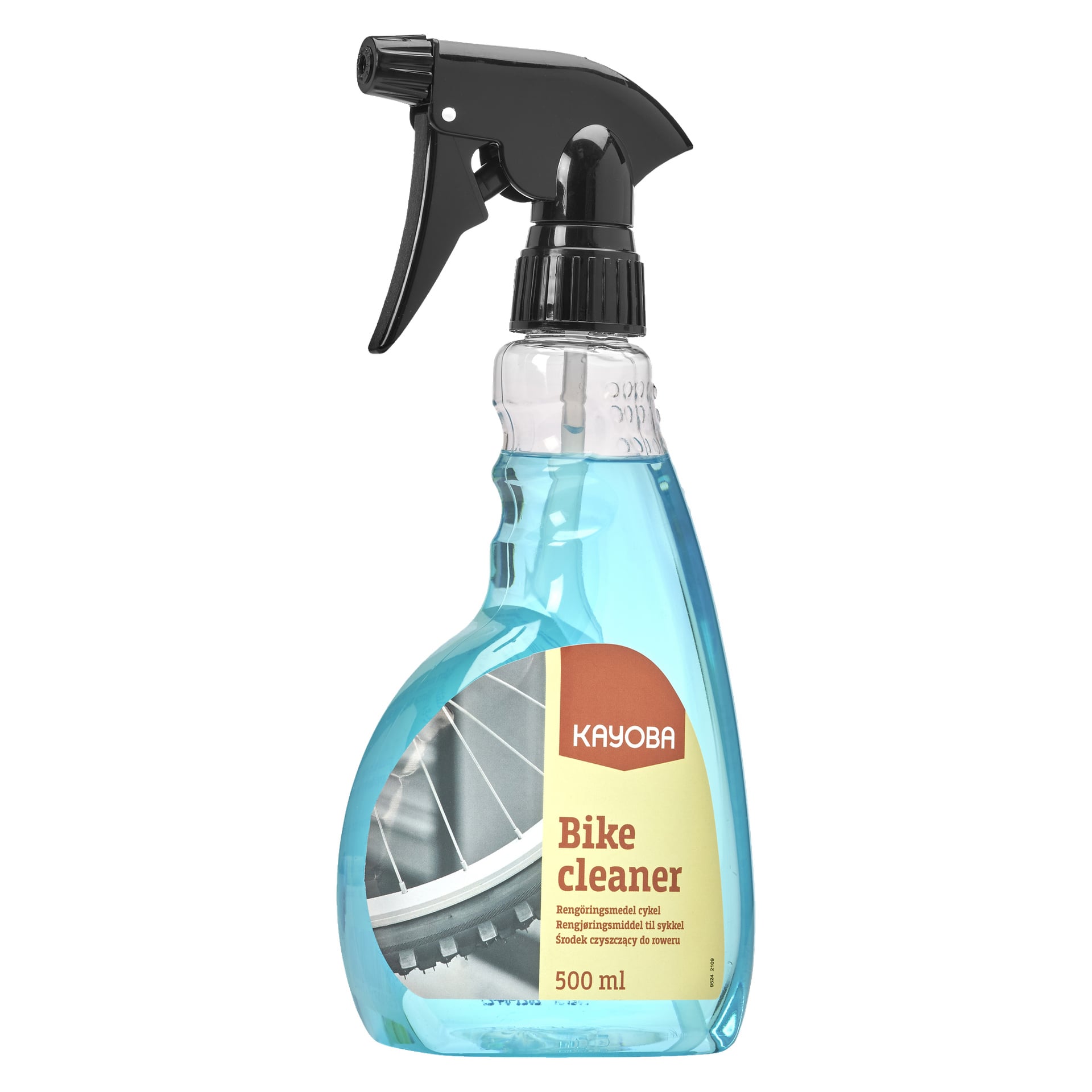 En transparent plastsprayflaska märkt Kayoba Bike Cleaner rymmer 500 ml blå vätska. Etiketten visar en bild av ett cykelhjul och text som identifierar det som en cykelrengöringslösning.