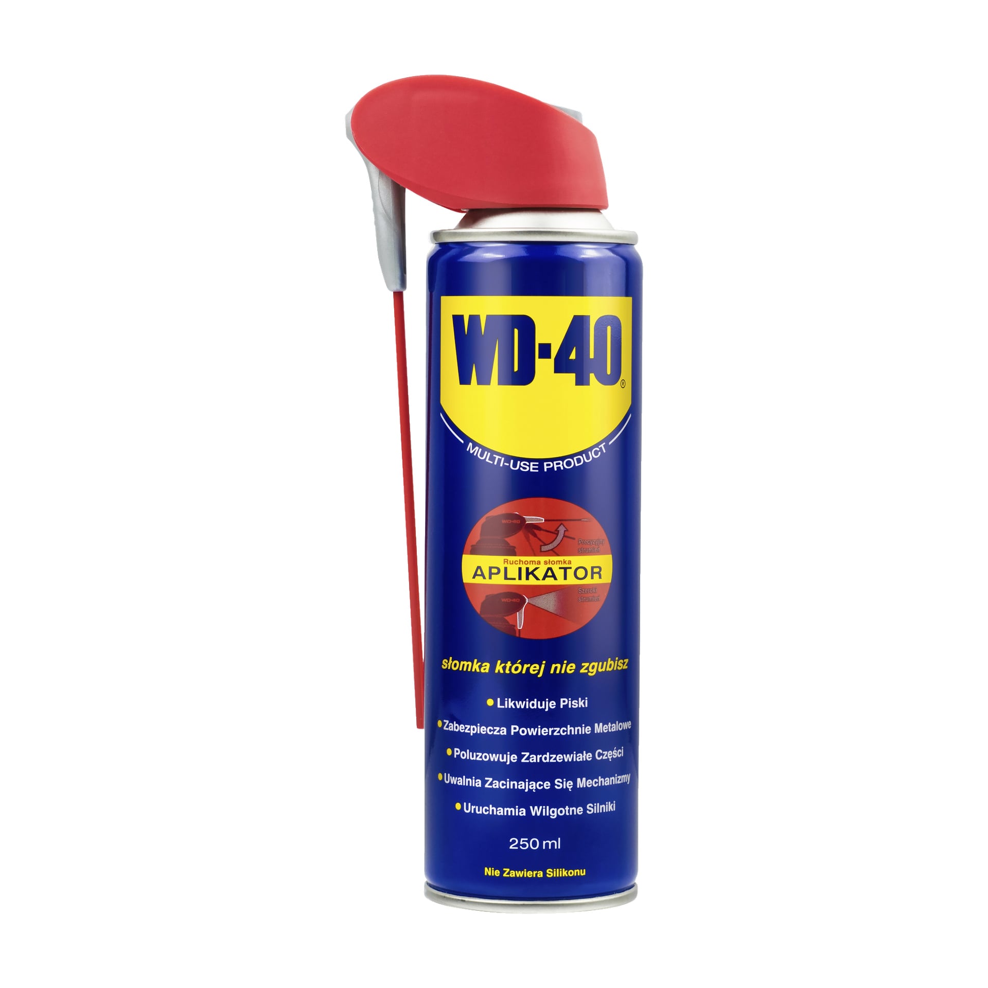 Puszka 250ml WD-40 Multi-purpose Smart Straw z czerwonym aplikatorem Smart Straw przymocowanym do dyszy. Etykieta zawiera cechy i zastosowania produktu.