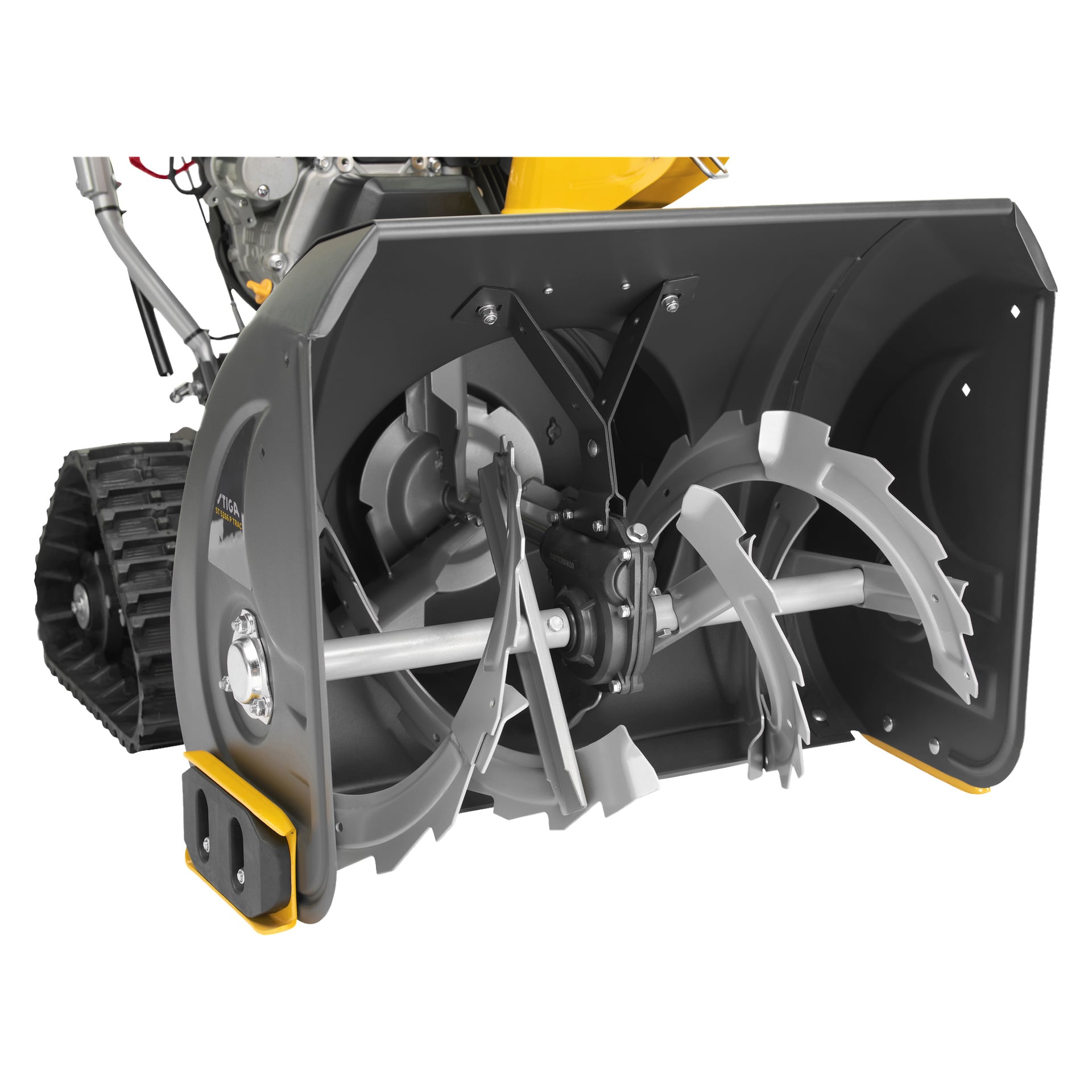 Detaljert nærbilde av Stiga Snowblower ST 5266 P TRACs frontborre og hus, med de robuste metallbladene, midtakselen, larvehjulet og deler av det karakteristiske gule og grå karosseriet.