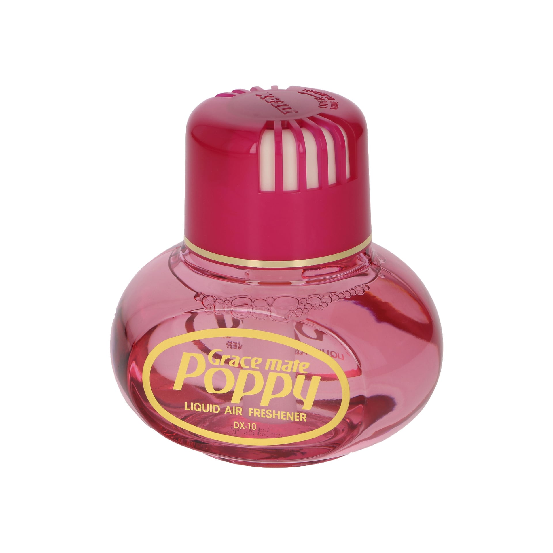En rød plastflaske Gracemate Air-freshener Poppy Strawberry med rund bunn og matchende rød kork.