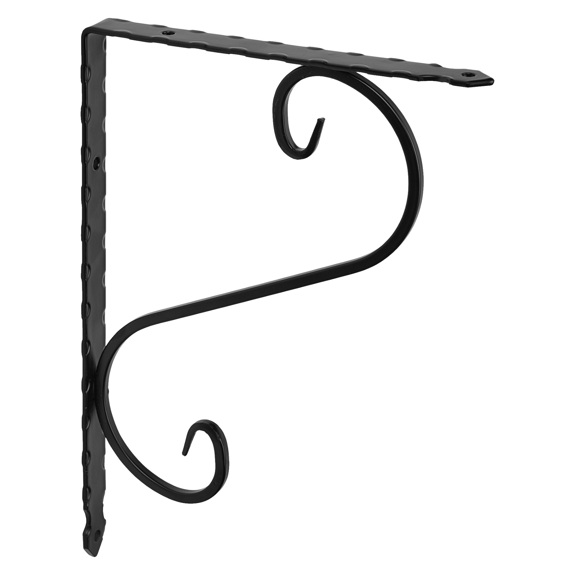 Hard Head Wmidd Iron Bracket visar ett svart metallmönster med en förborrad vertikal platta för montering och en stadig, platt horisontell stång för att förbättra stödet. Perfekt för att hänga upp växter eller stödja hyllor.