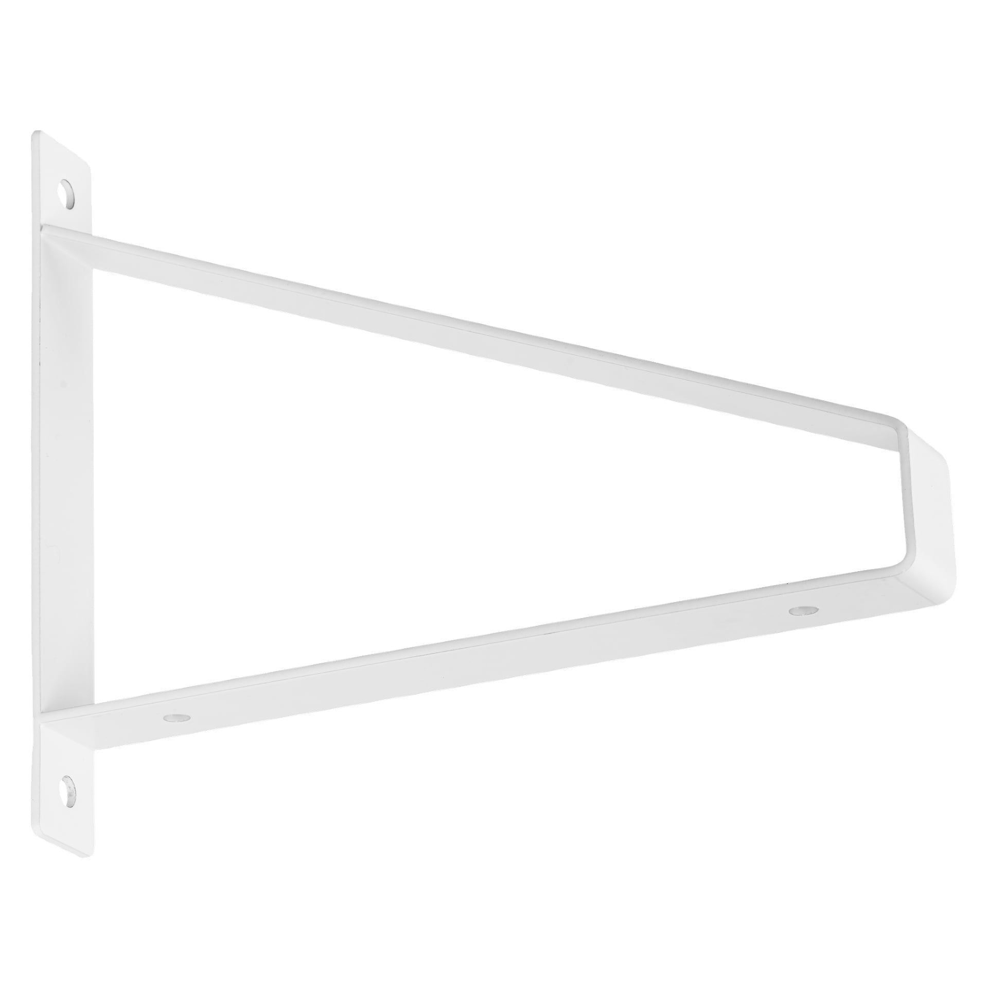 Hard Head Bracket är ett vitt metallfäste med triangulär form och släta, rundade kanter, avsett för montering på väggar. Den har tre skruvhål för att fästa: två på basen och ett placerat på den upprättstående sidan.