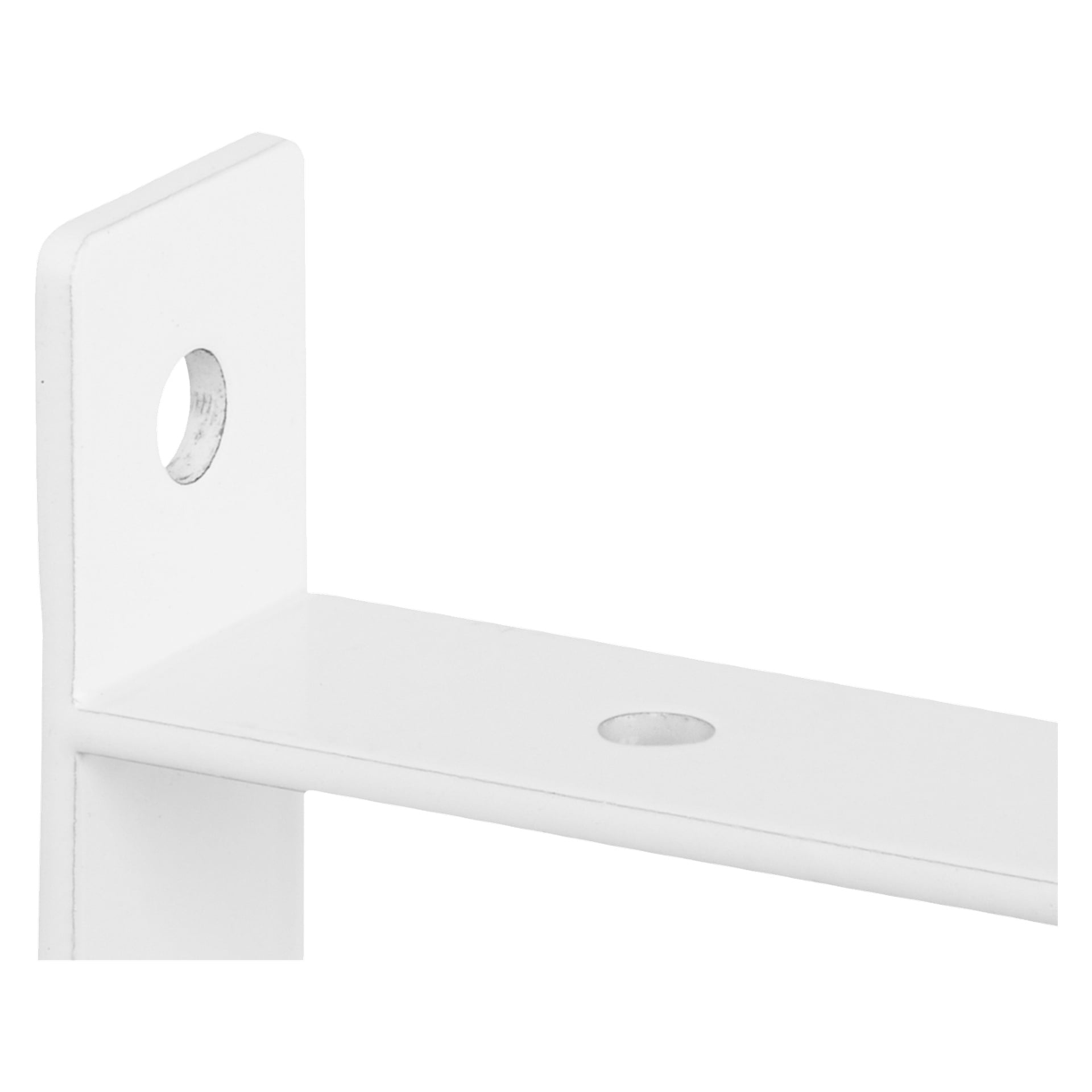 En närbild av Hard Head Bracket visar dess vita metallstruktur med två synliga hål, ett på varje vinkelrät sida, avsedda för montering eller stöd.
