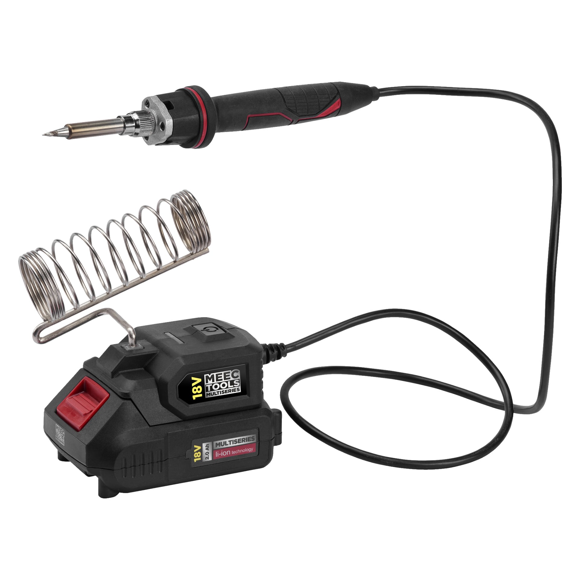 En svart og rød batteridrevet loddebolt merket SI-18V HOME 500 fra Meec Tools Multiseries hviler på et sammenrullet metallstativ, koblet til sin 18V ladebase med klistremerker og en rød bryter.
