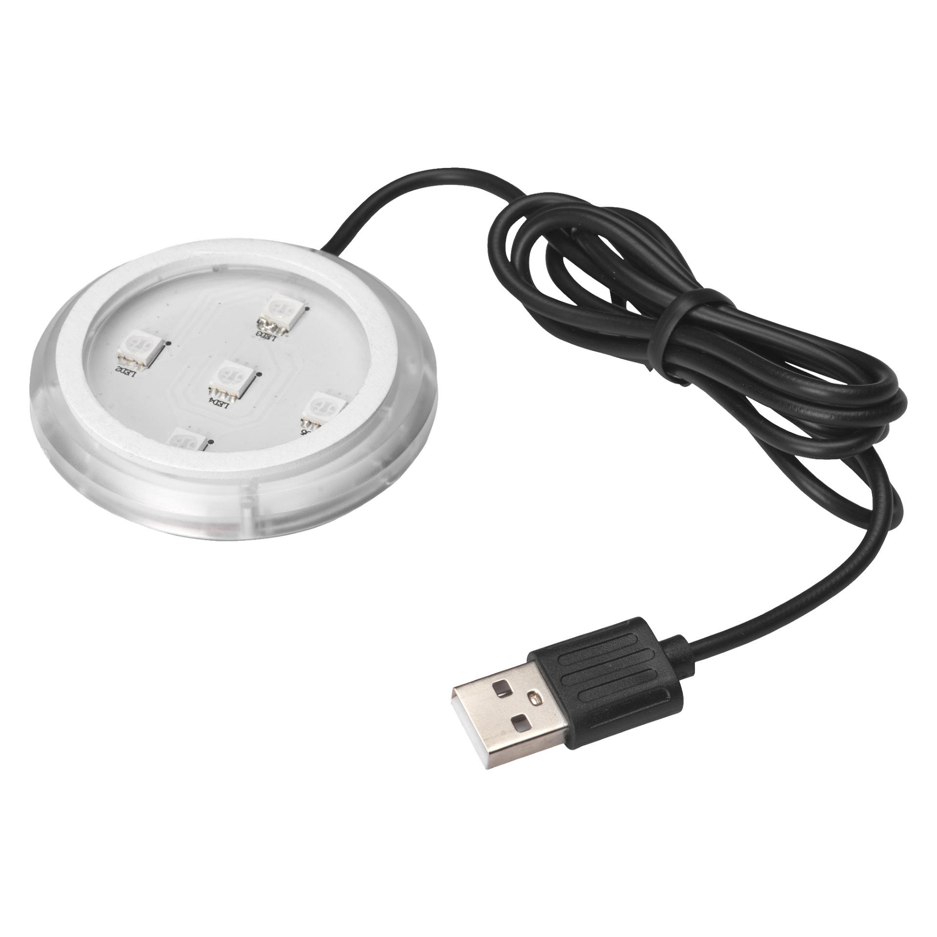 En cirkulär, genomskinlig LED-platta för Poppy RED från Hamron visar flera synliga LED-lampor inuti och är ansluten till en svart USB-kabel, där USB-kontakten tydligt syns framtill.