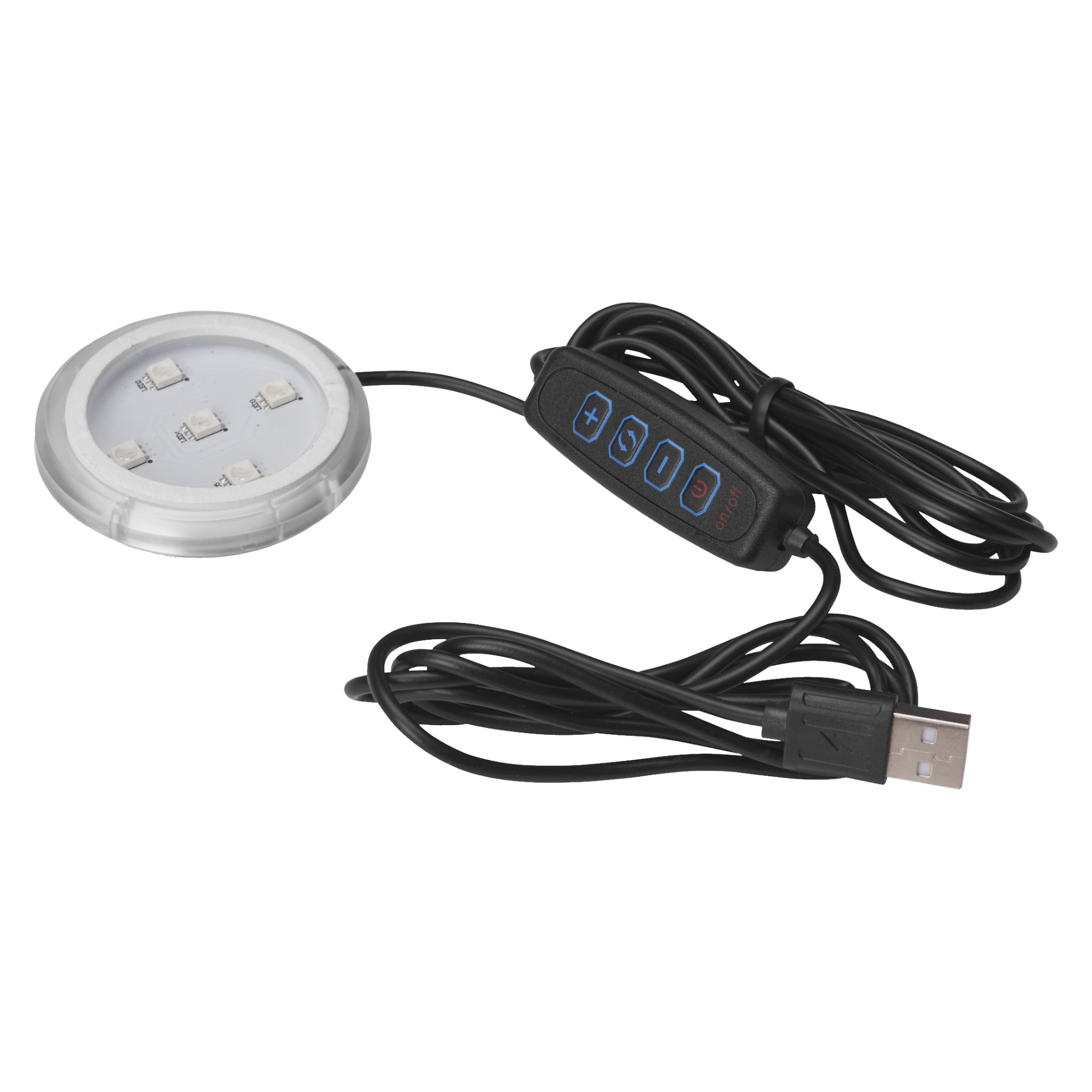 En cirkulär LED-platta designad för Poppy MULTI av Hamron, utrustad med en USB-kabel och en in-line fjärrkontroll med fyra knappar för att styra ström och justera ljusstyrka.