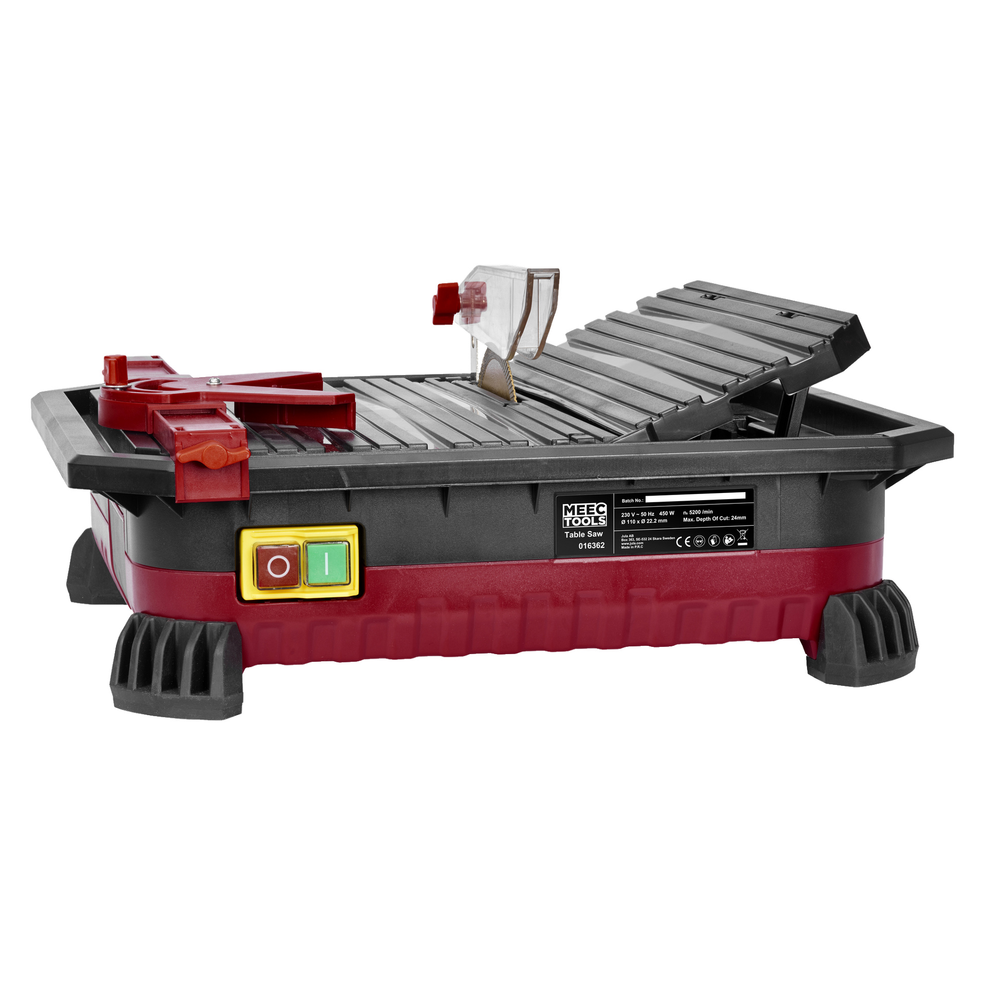 En rød og svart Meec Tools flisskjærer med av/på-knapper, justerbart arbeidsområde og et lite rundt blad beskyttet av en sikkerhetsbeskytter. Den står trygt på fire solide ben.