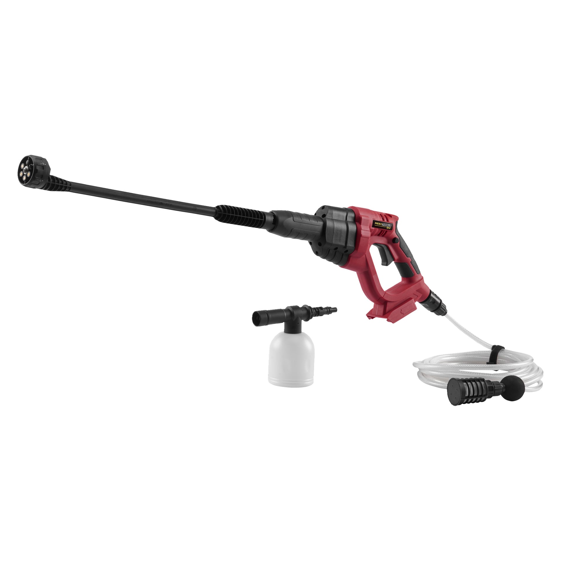 Meec Tools Multiseries -paristokäyttöinen keskipainepesuri HP-18V HOME 300 on esillä korostaen punamustaa käsikäyttöistä runkoa, jossa on pitkä suutin, valkoinen pesuainepullo ja joustava letku liittimillä.