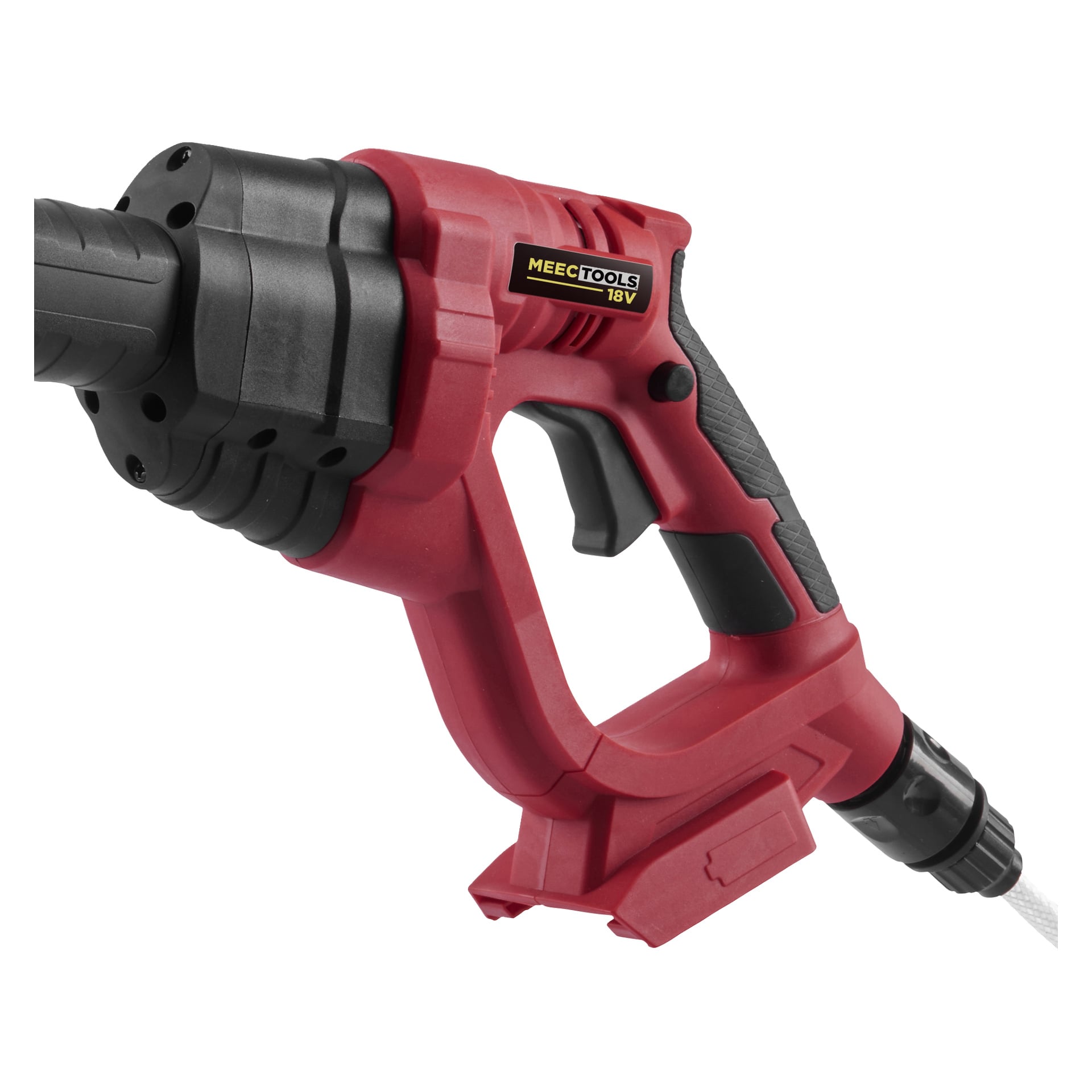 Punamusta akkukäyttöinen keskipitkä painepesuri, malli HP-18V HOME 300 Meec Tools Multiseriesilta, pistoolikahvalla ja esillä ilman akkua.
