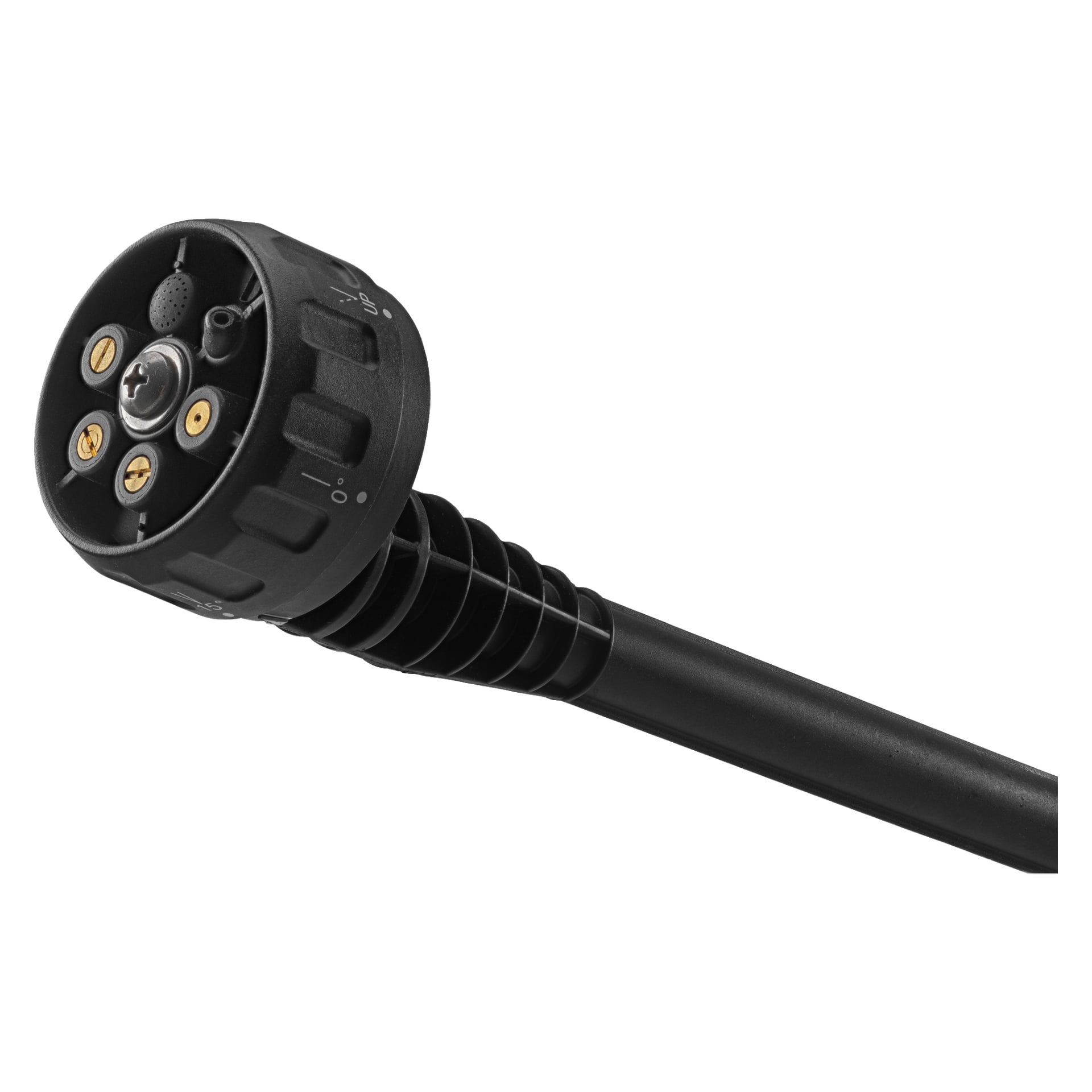 Yksityiskohtainen näkymä mustasta suihkesauvan kiinnityksestä, joka on suunniteltu Meec Tools Multiseries -paristokäyttöiselle keskipainepesurille HP-18V HOME 300. Sauvassa on teksturoitu kahva ja monisuutinpää, jossa on neljä valitettavaa suihkuasetusta. Suuttimessa näkyy kuvakkeet ja säätömerkit käyttäjäystävällisen käytön takaamiseksi.