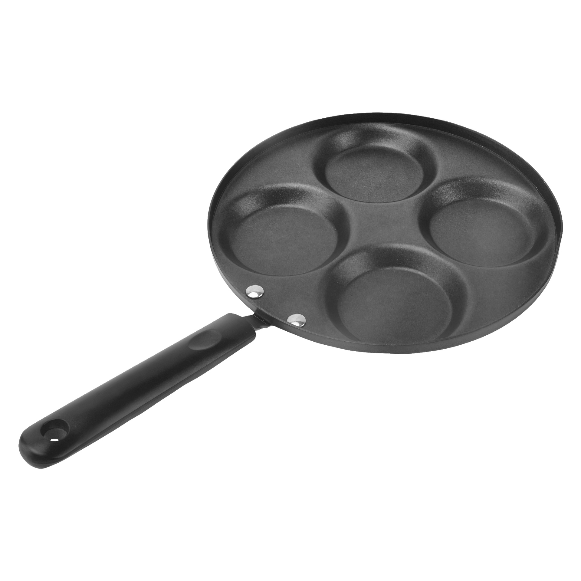En svart Menuett-pannkaksform med fyra runda sektioner och ett stadigt svart handtag, säkrat med två blanka metallnitar. Den non-stick-ytan gör det enkelt att tillaga flera pannkakor eller ägg samtidigt.