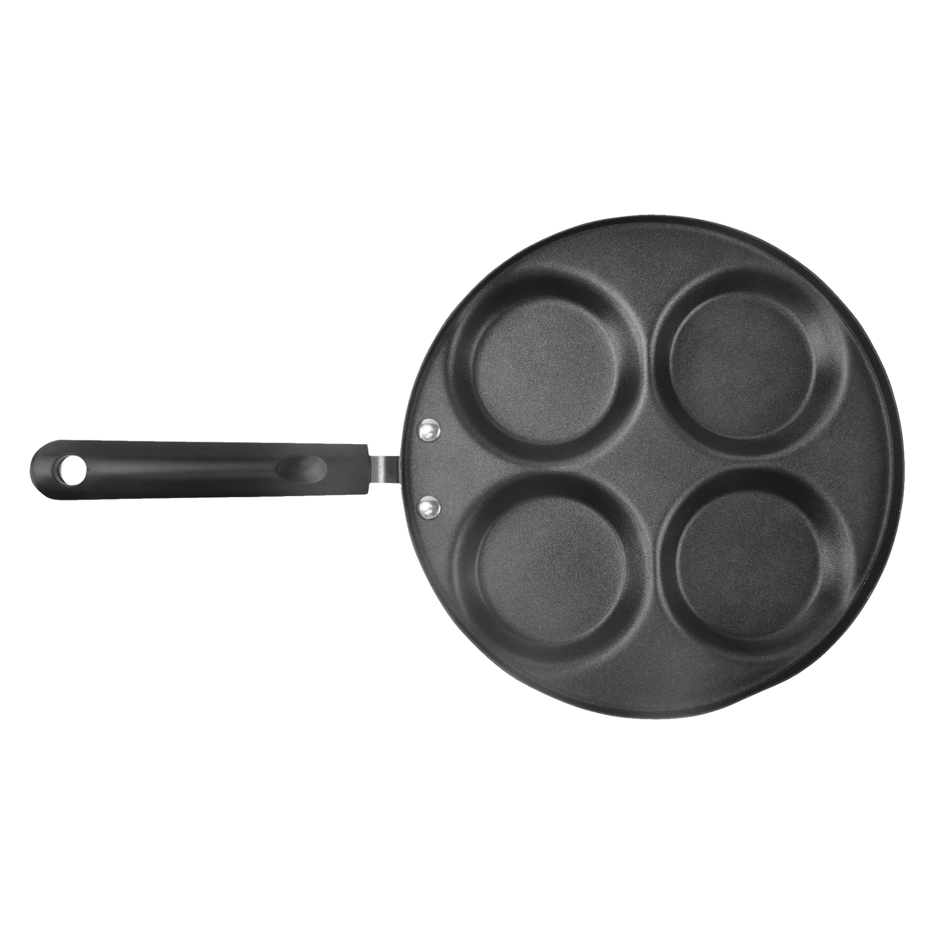 Ett Menuett-pannkaksjärn sett ovanifrån, med en svart nonstick-yta uppdelad i fyra runda sektioner, med ett långt svart handtag som sträcker sig åt vänster.