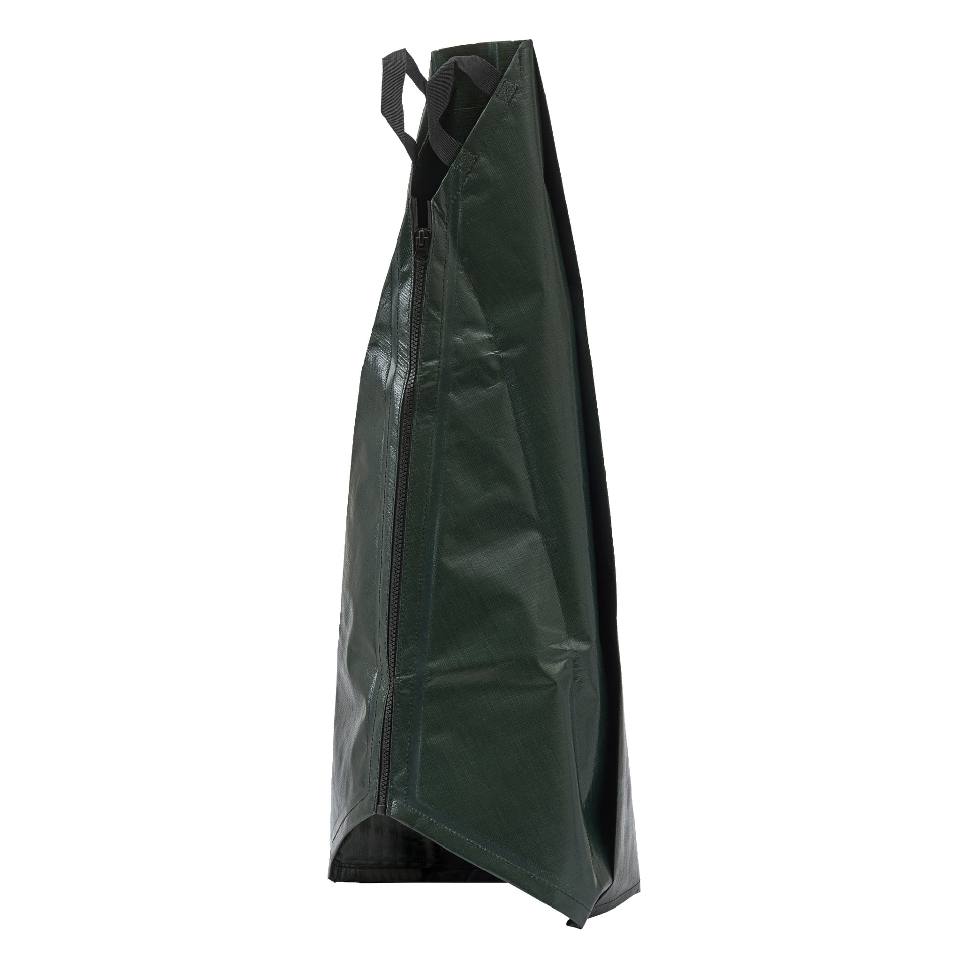 Hard Head Watering-påsen står upprätt och visar sin mörkgröna, triangulära design. Ena sidan har en vertikal svart dragkedja, och två starka svarta handtag är fästa upptill. Väskan verkar vara gjord av tjockt, slitstarkt material.