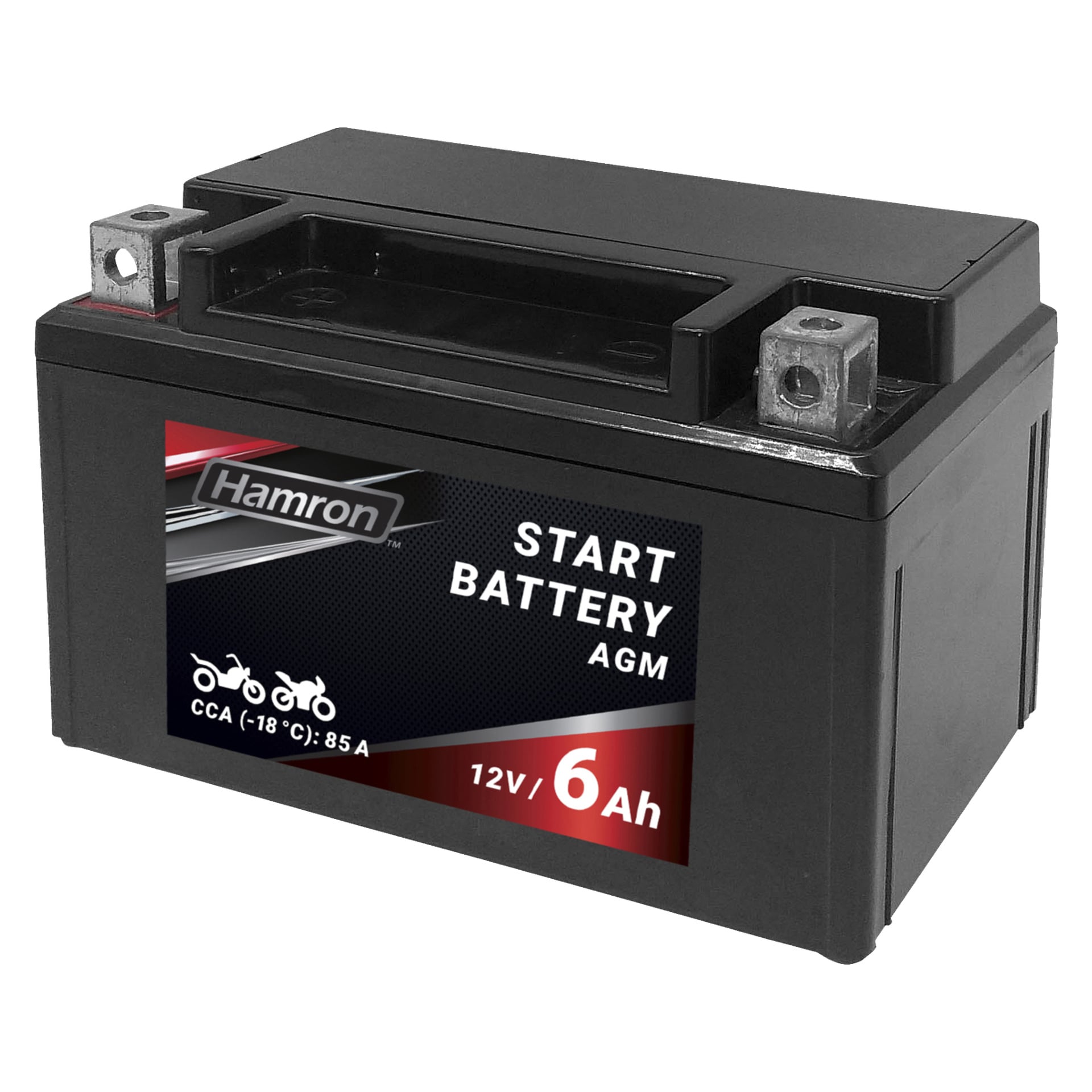 Svart rektangulärt Hamron MC AGM-batteri, 12V 6Ah, med metallterminaler monterade ovanpå. Etiketten visar ikoner för motorcykel och snöskoter och anger ett kallstartsampervärde (CCA -18°C) på 85A.