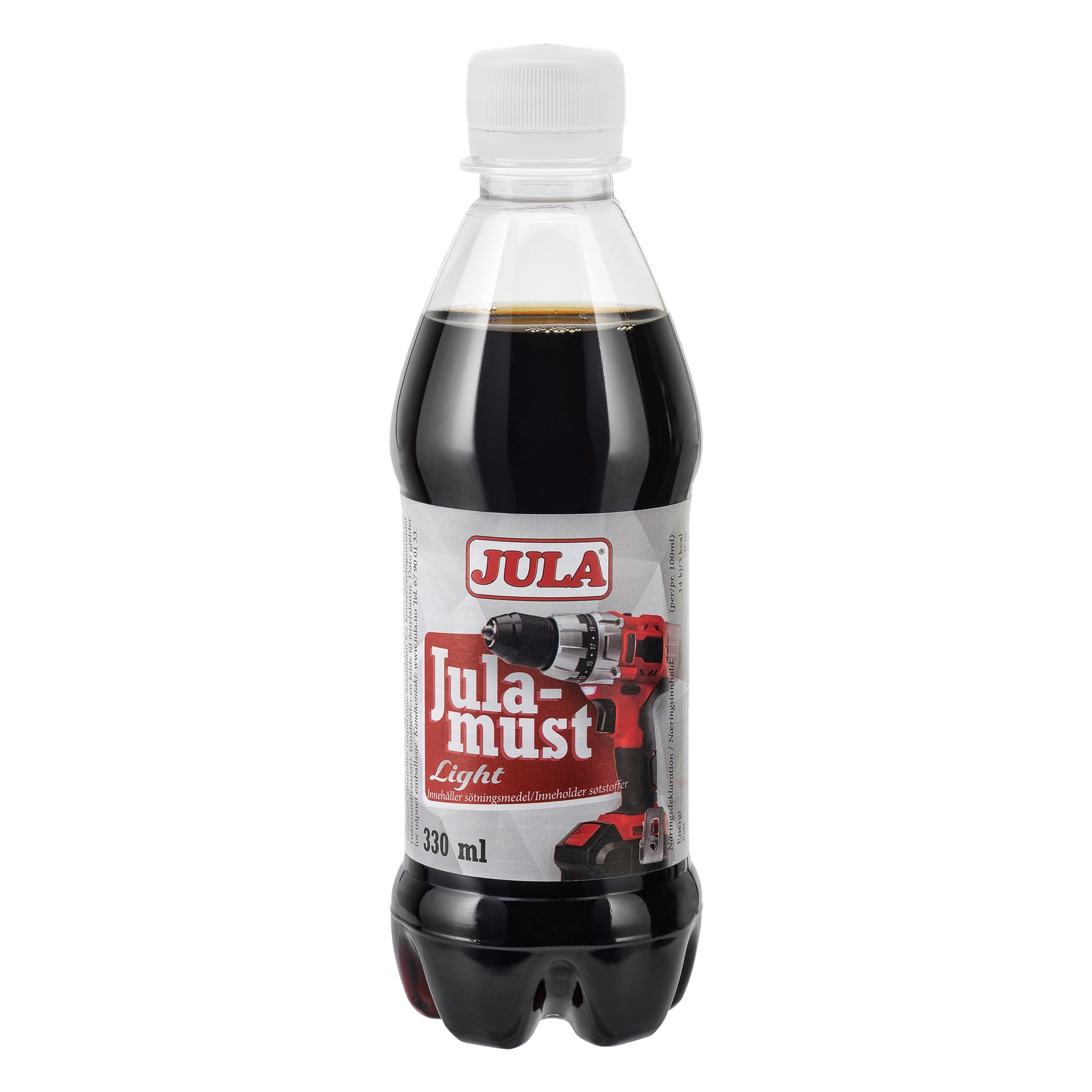 En 330 ml plastflaska med en jula äppeljuiceetikett och en bild på en röd och svart borrmaskin. Flaskan innehåller en mörk, kolsyrad dryck.