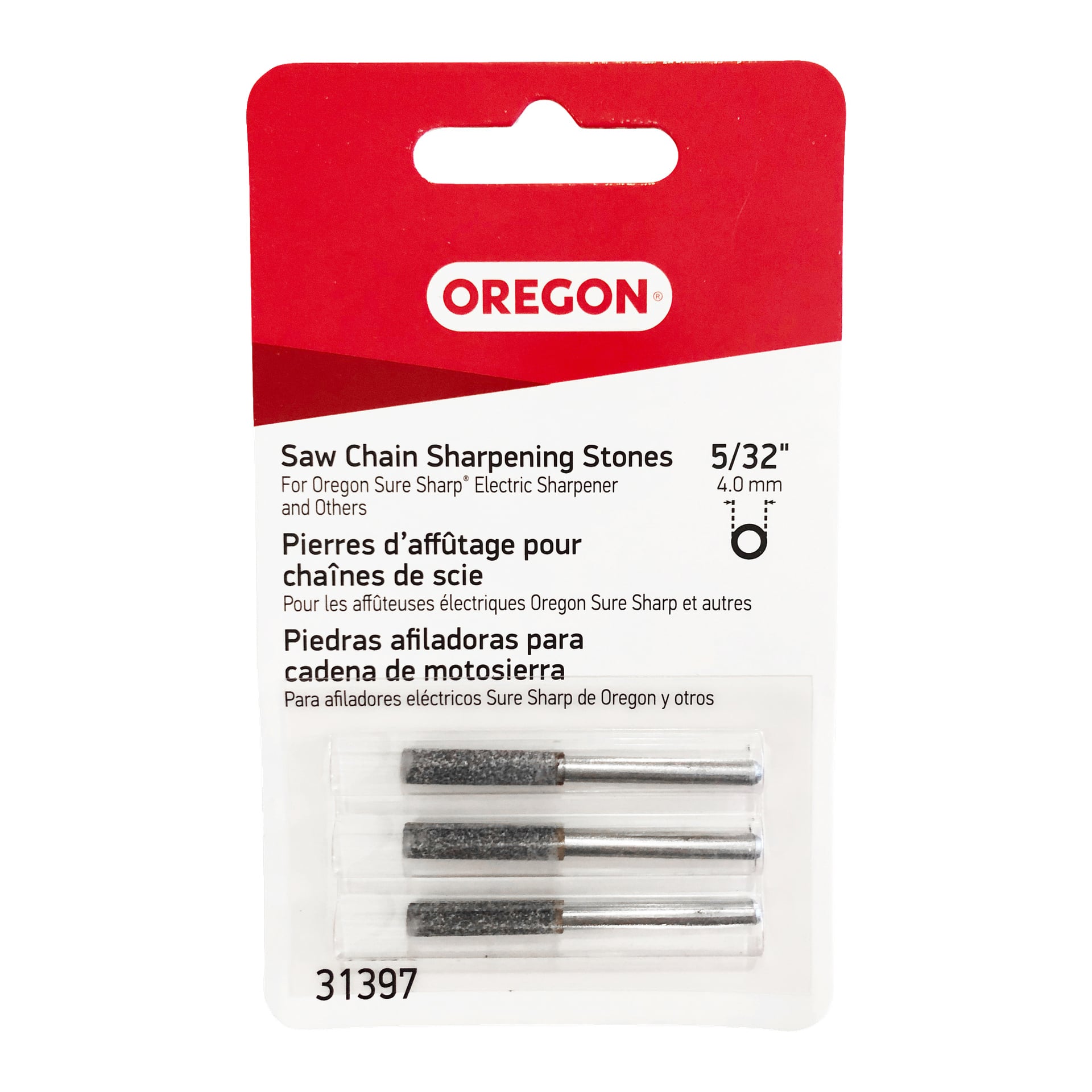 Tre paket Oregon slipstift i blisterförpackning, varje paket innehåller ett set 5/32 tum (4,0 mm) slipstenar avsedda för användning med Sure Sharp elektriska slipare och kompatibla enheter. Förpackningen innehåller produktbeskrivningar.