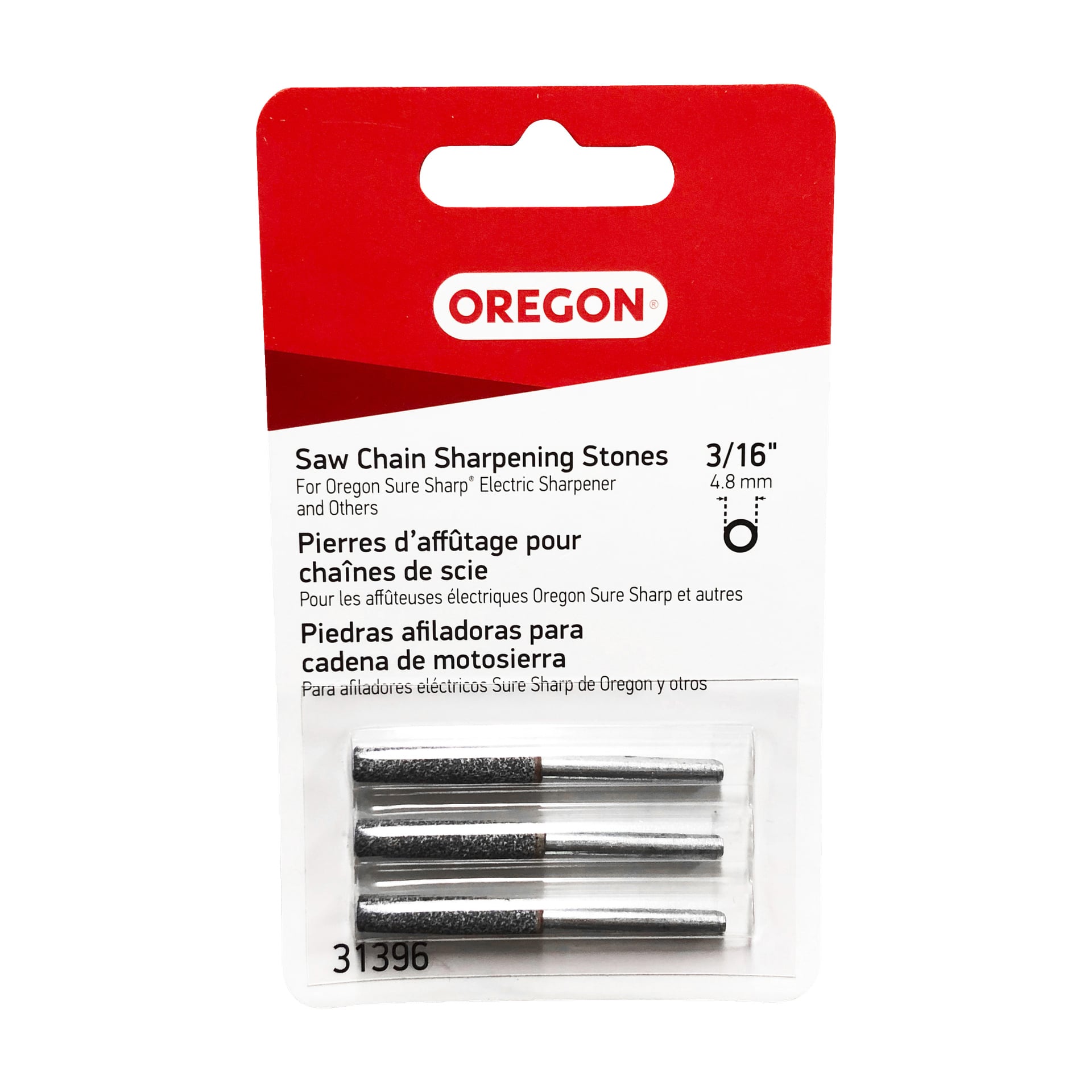 Ett paket med Oregon-märket Grinding Pin 3 Pack, som visar tre slippinnar i ett transparent blisterpaket fäst på ett rött och vitt kort med produktdetaljer tryckta på.