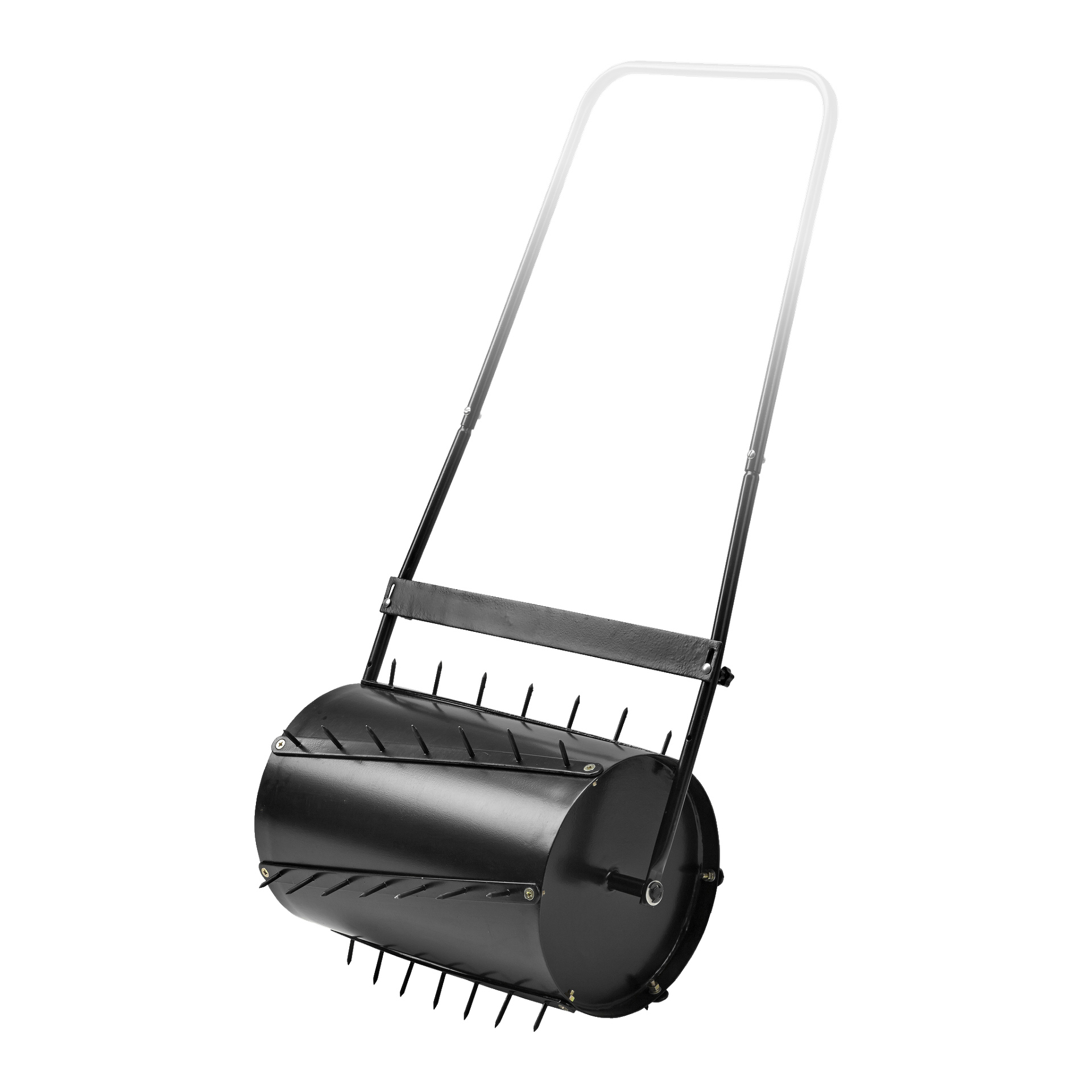 Hard Head Aerator to czarne, ręcznie obsługiwane narzędzie ogrodowe z cylindrycznym bębnem wyłożonym równomiernie rozmieszczonymi kolcami oraz solidną metalową kierownicą umożliwiającą bezwysiłkowe manewrowanie. Jego prosta konstrukcja pozwala mu efektywnie penetrować glebę.