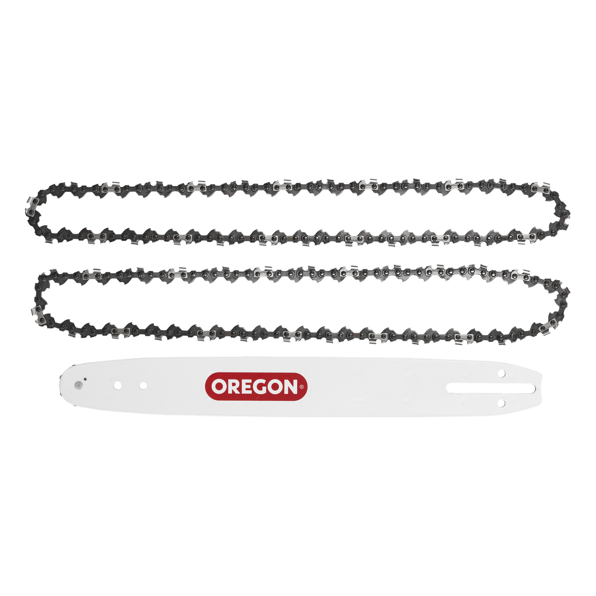 Ett Oregon Bar and Saw Chains Single Nit / Advance Cut 3-delat set visas, inklusive en vit styrstång med en röd logga placerad under två metallkedjor med motorsåg, alla arrangerade horisontellt.