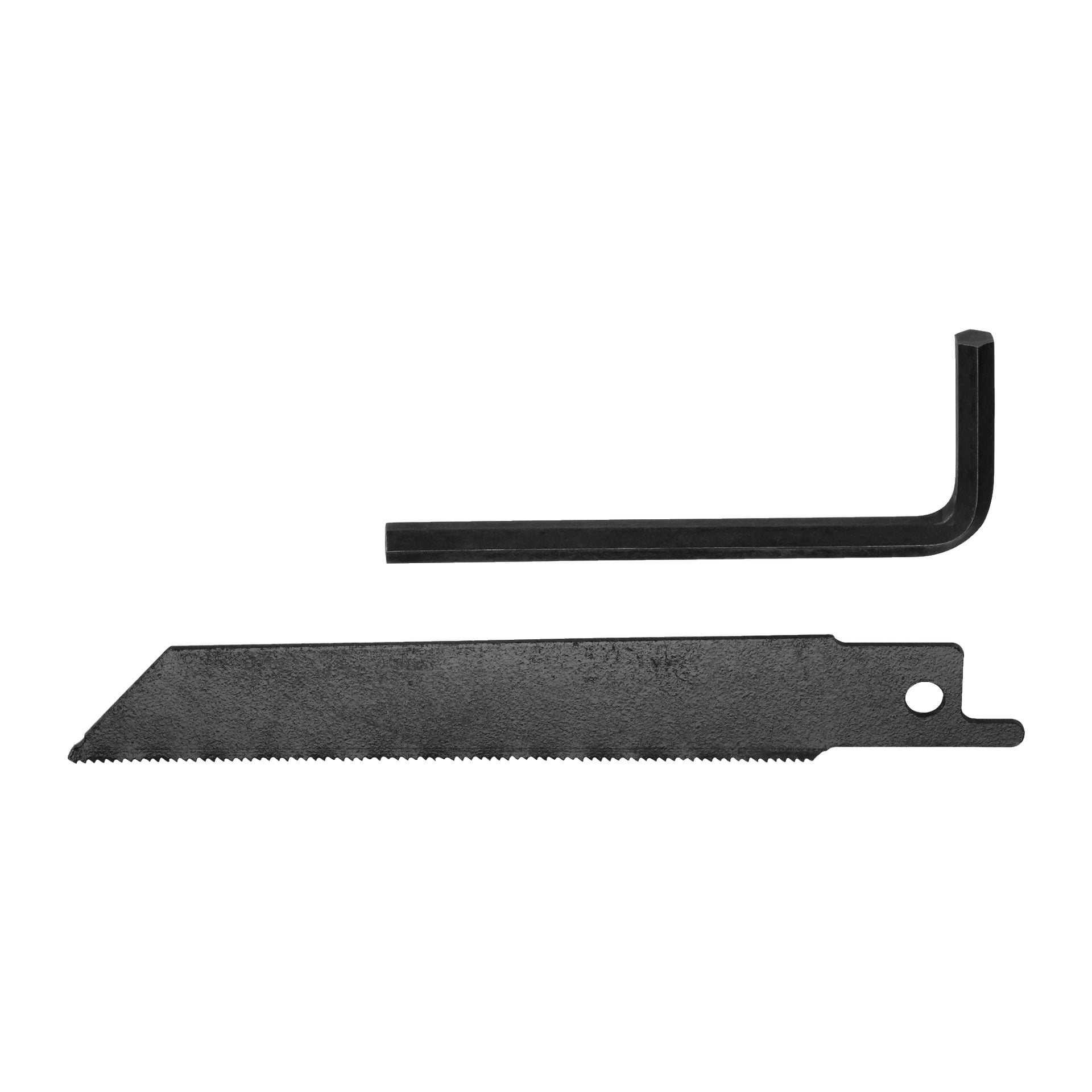 Ein schwarzer L-förmiger Inbusschlüssel ruht über einem fein gezahnten schwarzen Sägeblatt der Meec Tools Reciprocating Saw RS-W EASY 100.