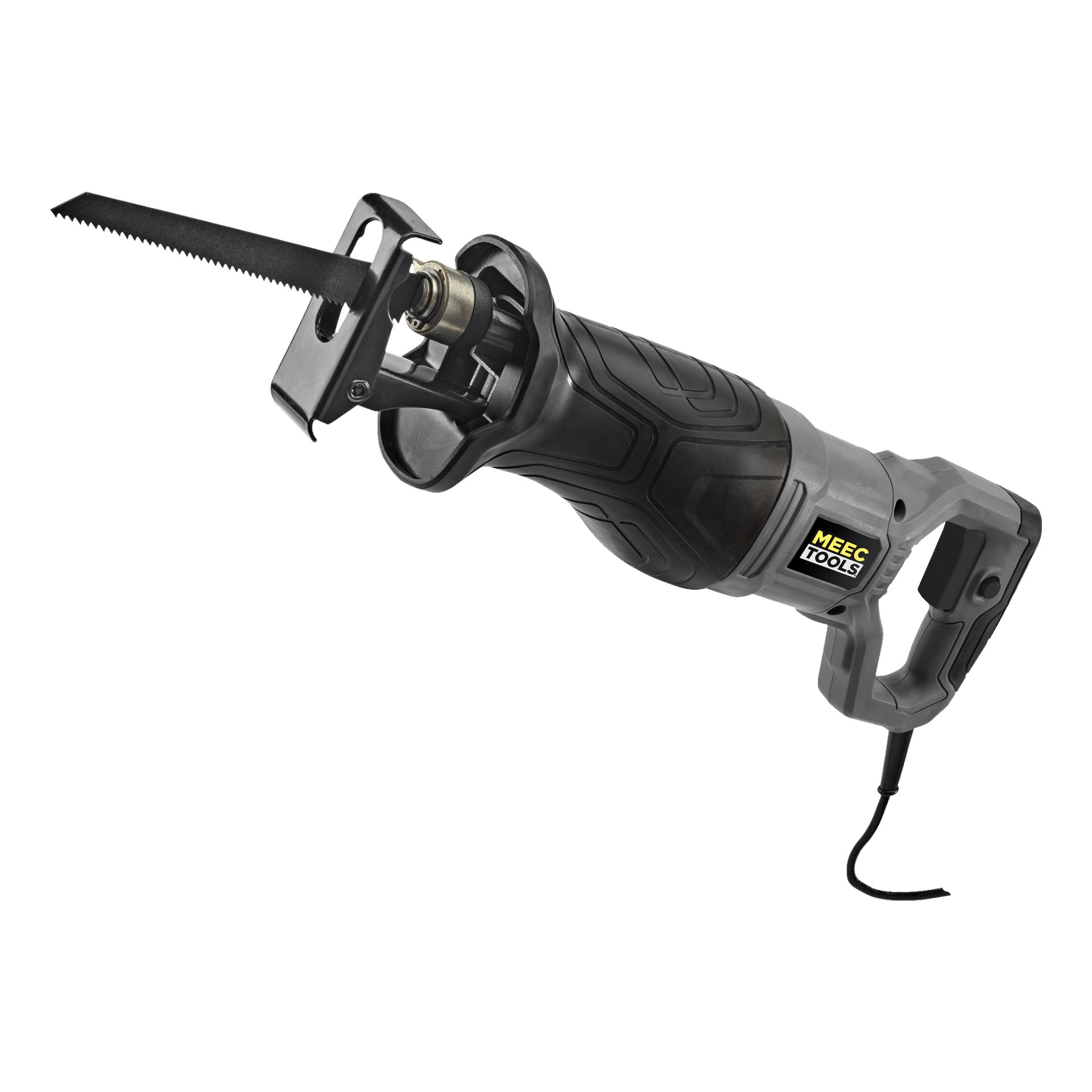 Eine schwarze und graue Meec Tools RS-W EASY 100 Hubkolbensäge mit Schnur, freiliegender Winkelklinge und Meec Tools Branding.